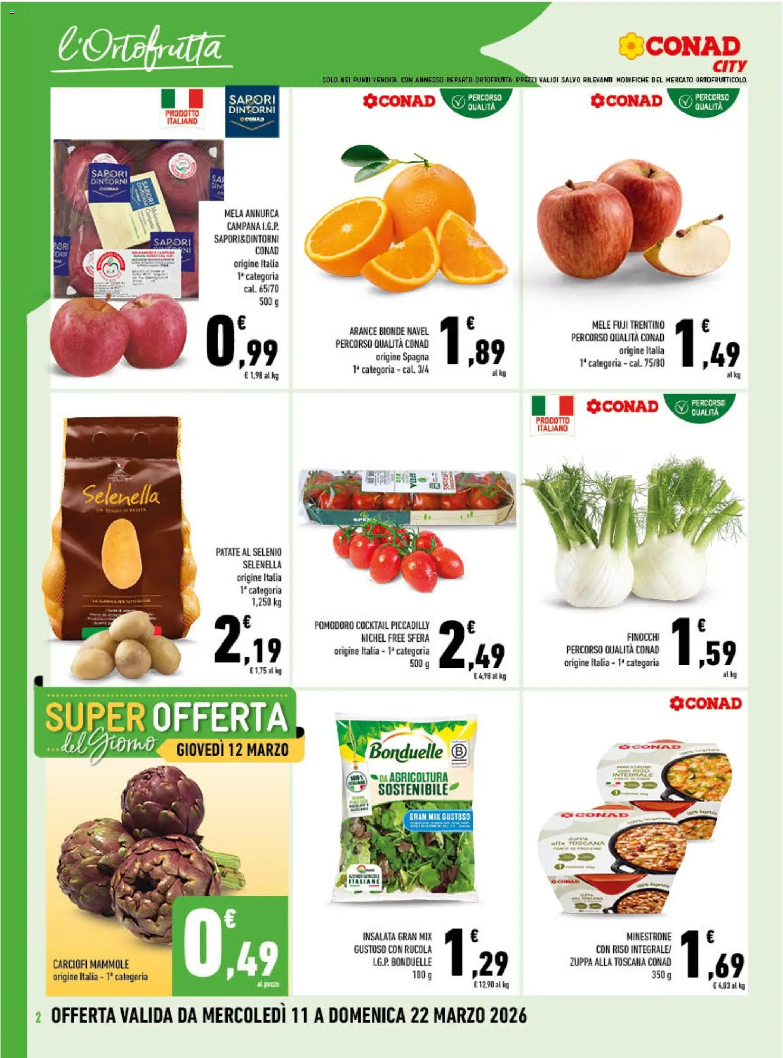Volantino Conad del 11.03.2026 | Pagina: 2 | Prodotti: Minestrone, Mele, Arance, Insalata