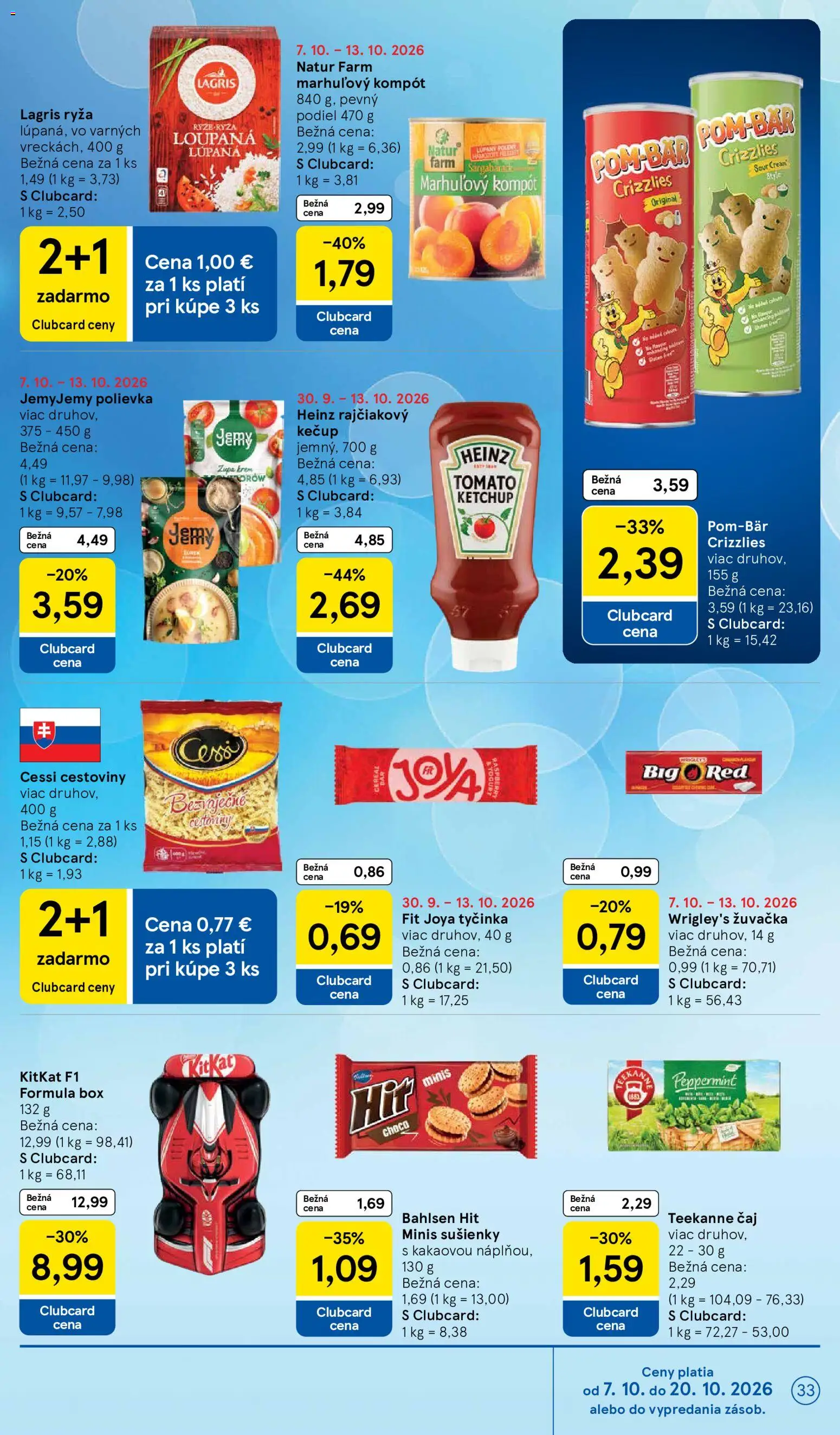 Nové Tesco akcie – leták je platný od 07.10.2026 | Strana: 33 | Produkty: Cestoviny, Sušienky, Marhuľový kompót, Teekanne