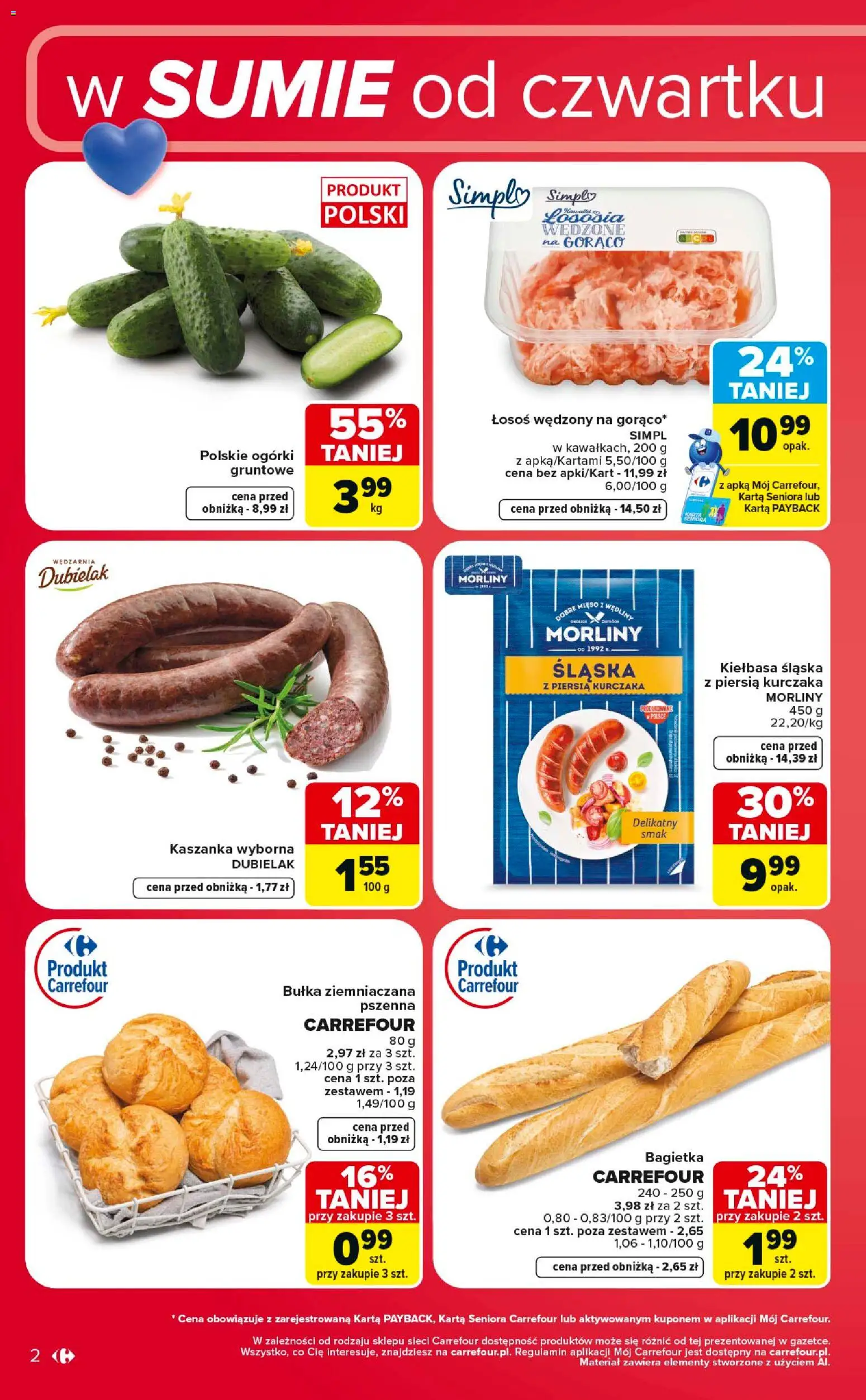 Carrefour gazetka - Weekend okazji od 11.06.2026 | Strona: 2 | Produkty: Kiełbasa, Łosoś, Bułka, Ogórki