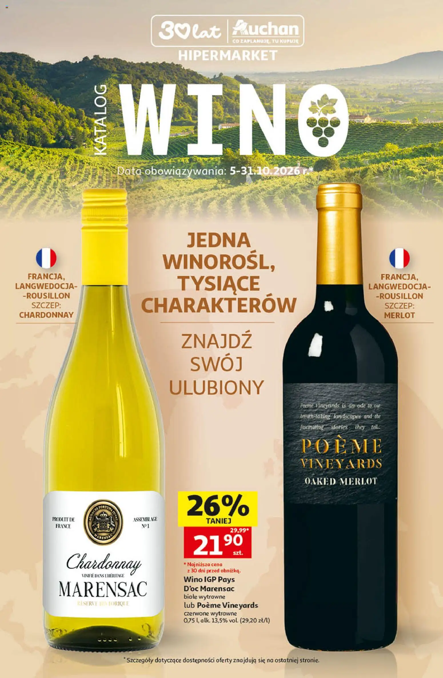 Auchan gazetka - Katalog Wino od 05.10.2026 | Strona: 1 | Produkty: Chardonnay, Merlot, Wino