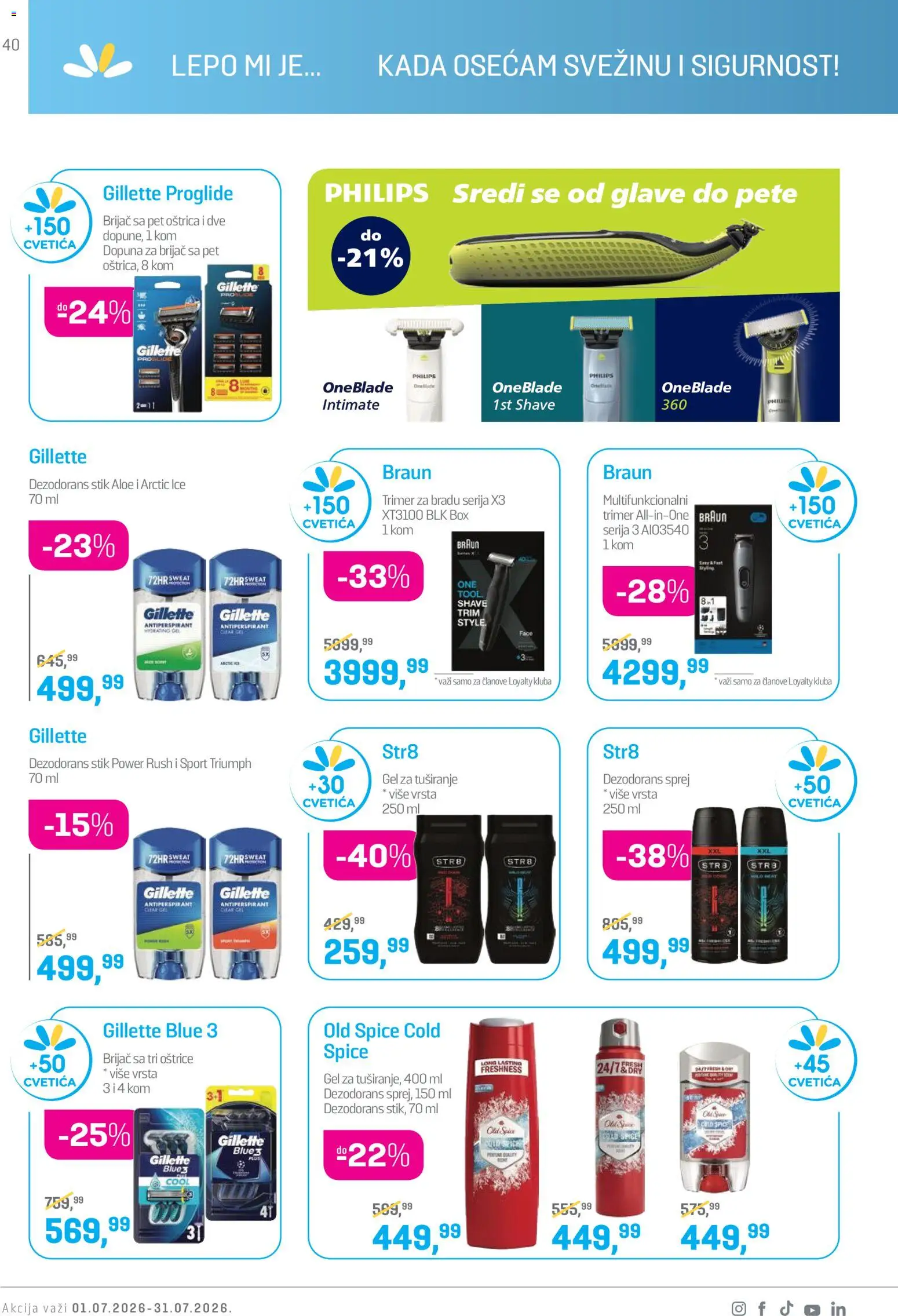 Lilly drogerie katalog - važi od 01.07.2026 | Strana: 40 | Proizvode: Gillette, Trimer, Gel za tuširanje, Antiperspirant