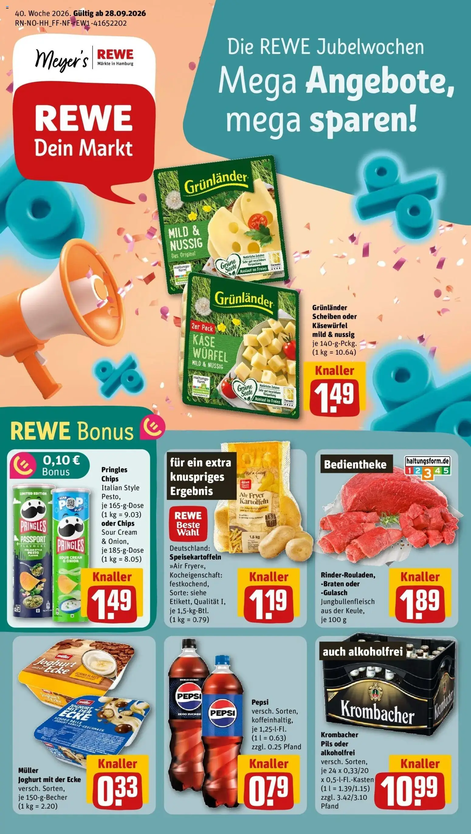 REWE Prospekt ab 28.09.2026 zum Blättern » Angebote | Seite: 1 | Produkte: Joghurt, Gulasch, Krombacher, Pringles