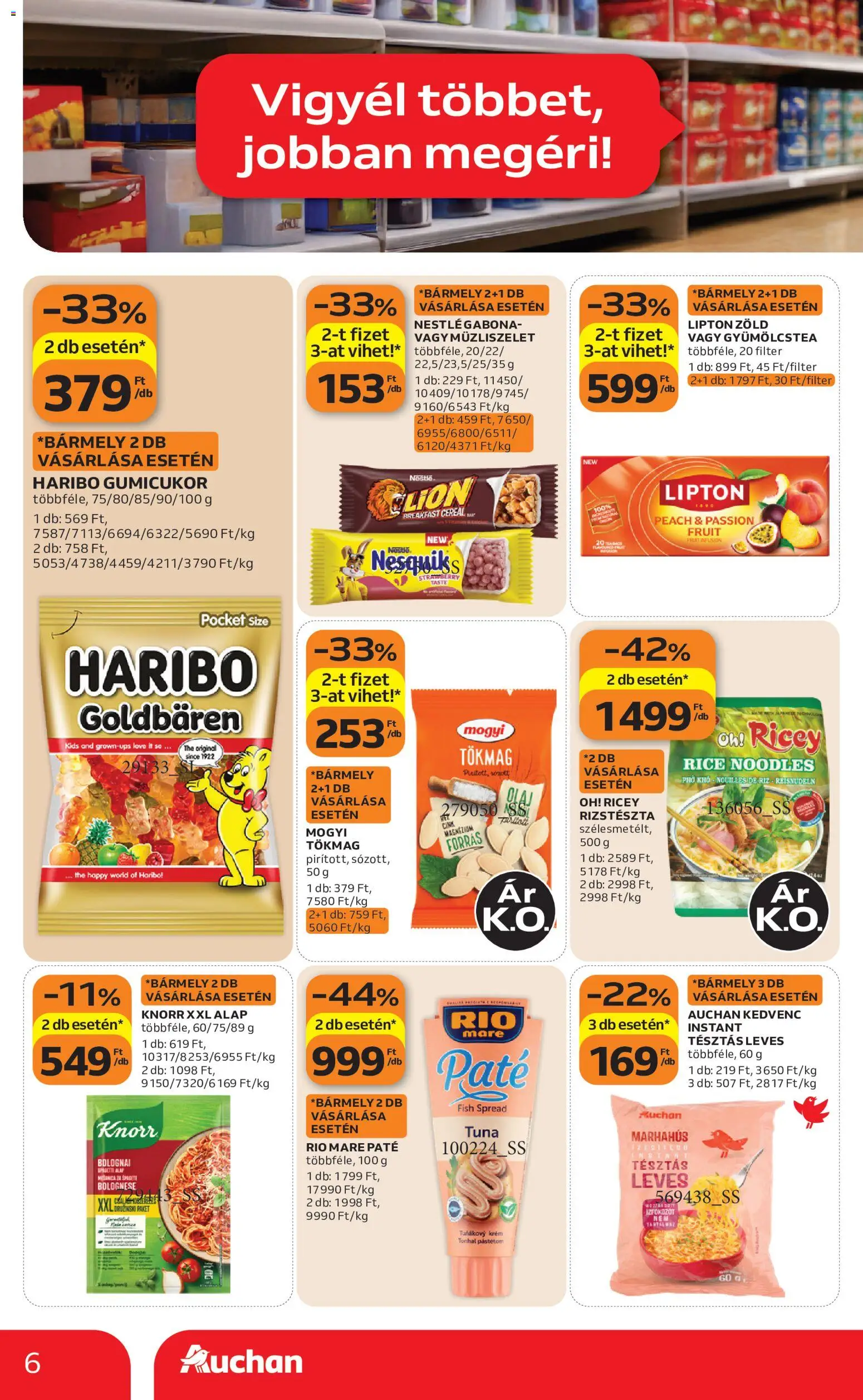 Auchan akciós ujság - amely érvényes a következő dátumtól: 2026.08.06. | Oldal: 6 | Termékek: Tonhal, Rizs, Tészta, Marhahús
