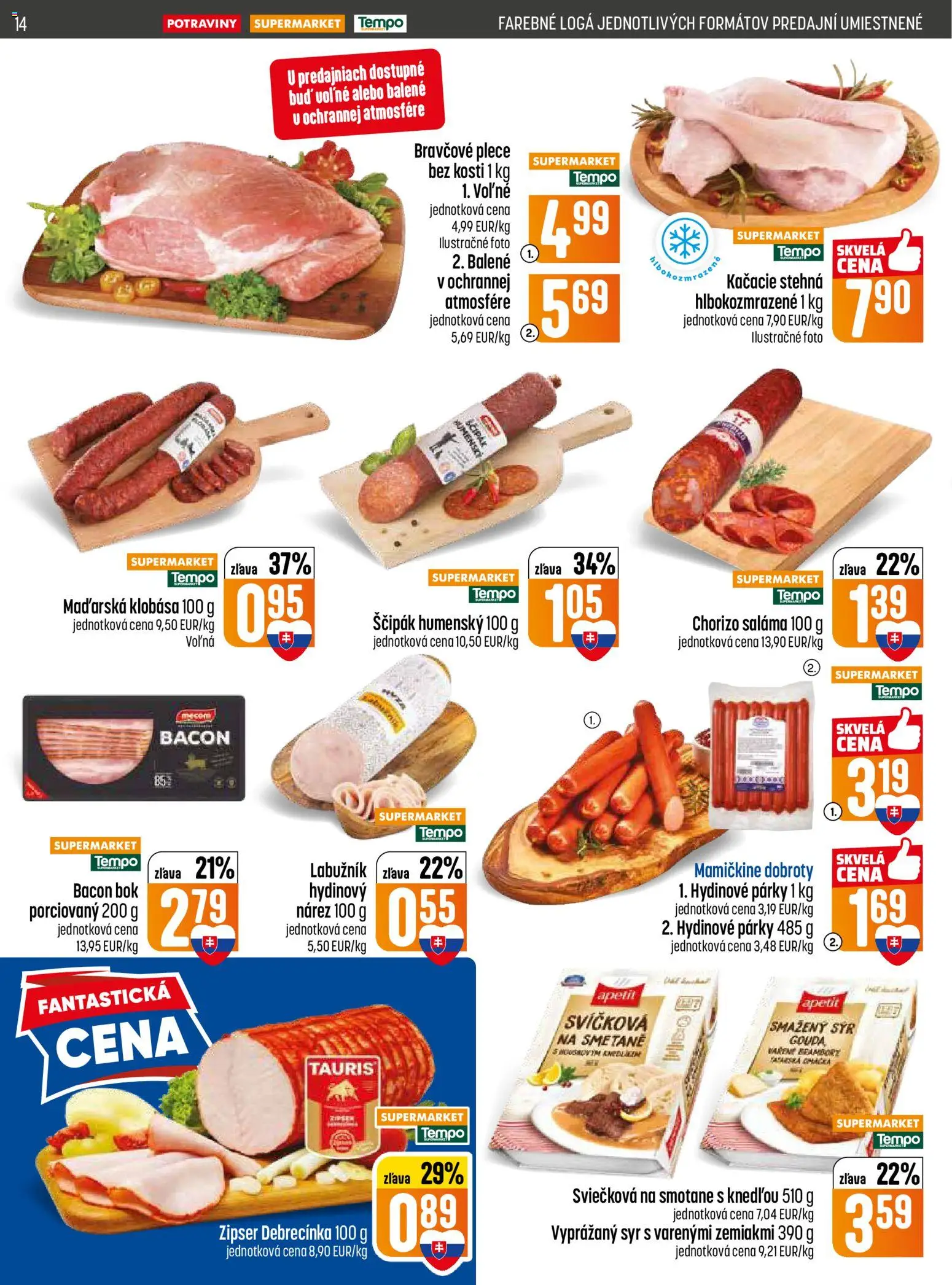 Nové COOP Jednota akcie – leták je platný od 21.05.2026 | Strana: 14 | Produkty: Saláma, Kačacie stehná, Gouda, Párky