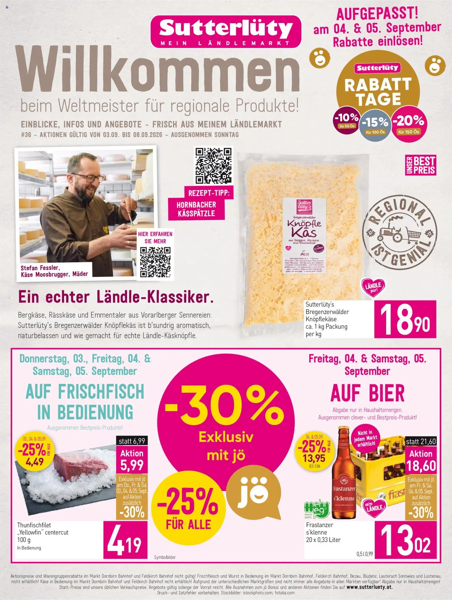 Sutterlüty Flugblatt gültig ab 03.09.2026 | Seite: 1 | Produkte: Wurst, Käse, Bier