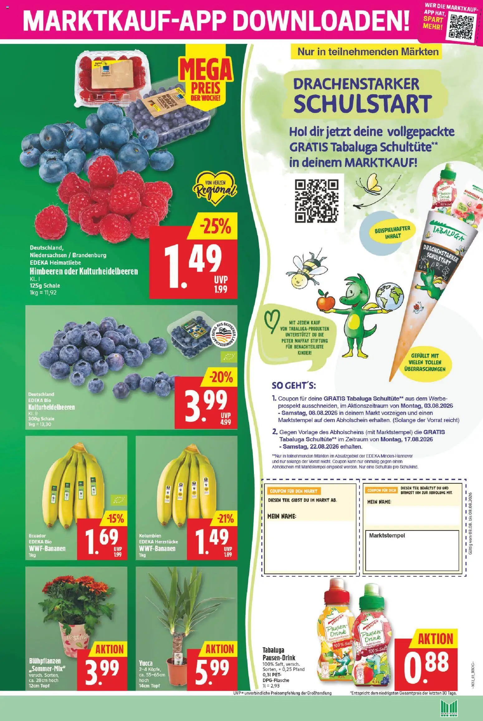 Marktkauf Prospekt – gültig ab 03.08.2026 | Seite: 3 | Produkte: Himbeeren, Burger, Äpfel, Saft