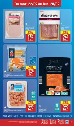 Aldi - Prévisualisation de SAUMON FUMÉ ÉLEVÉ EN ISLANDE, Fumé au bois de hêtre et tranché valide à partir de 22/09/2026 | Page: 9 | Produits: Saumon fumé, Langue de porc, Saumon, Gelée
