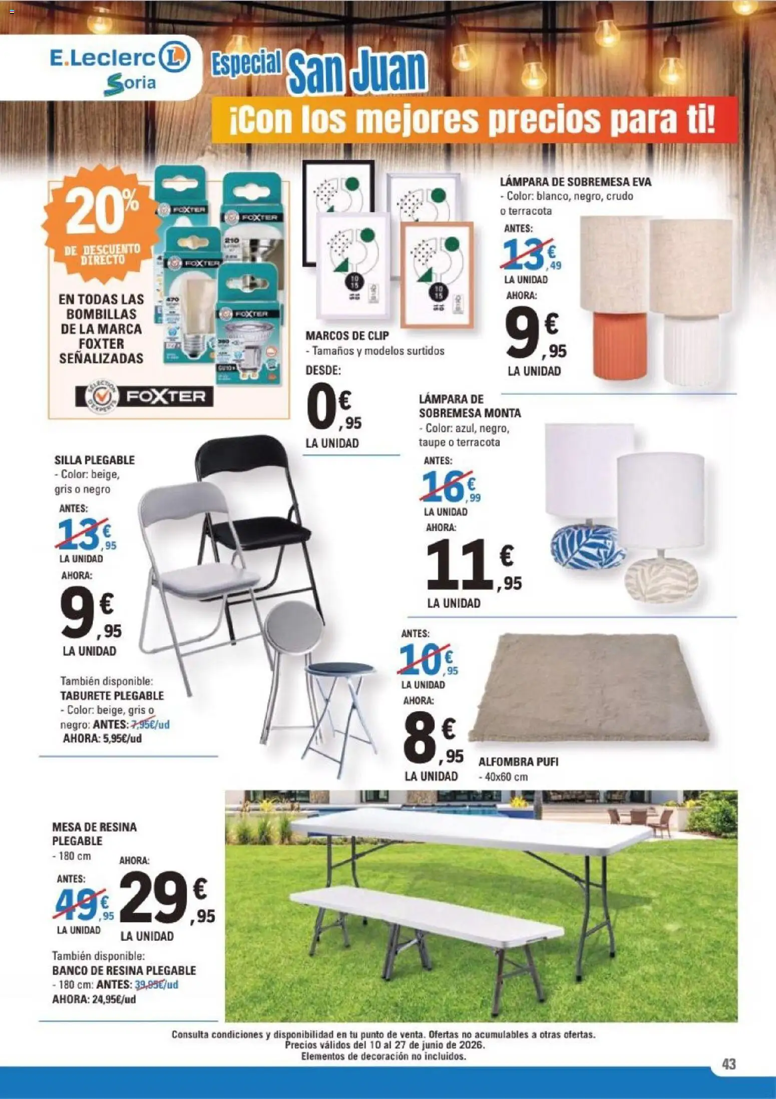 E.Leclerc Soria │ válido desde el 10.06.2026 | Página: 43 | Productos: Taburete, Mesa, Silla, Lámpara