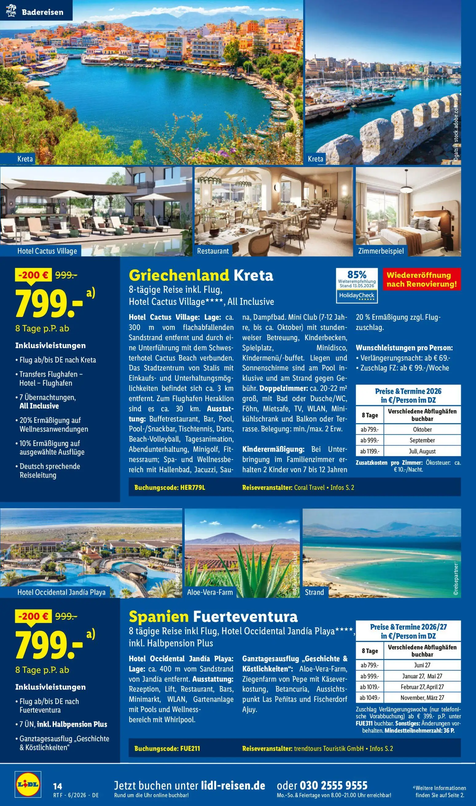Lidl Reisen Reise-Highlights – gültig ab 13.06.2026 | Seite: 14 | Produkte: Coral, Bad, Kühlschrank, Uhr
