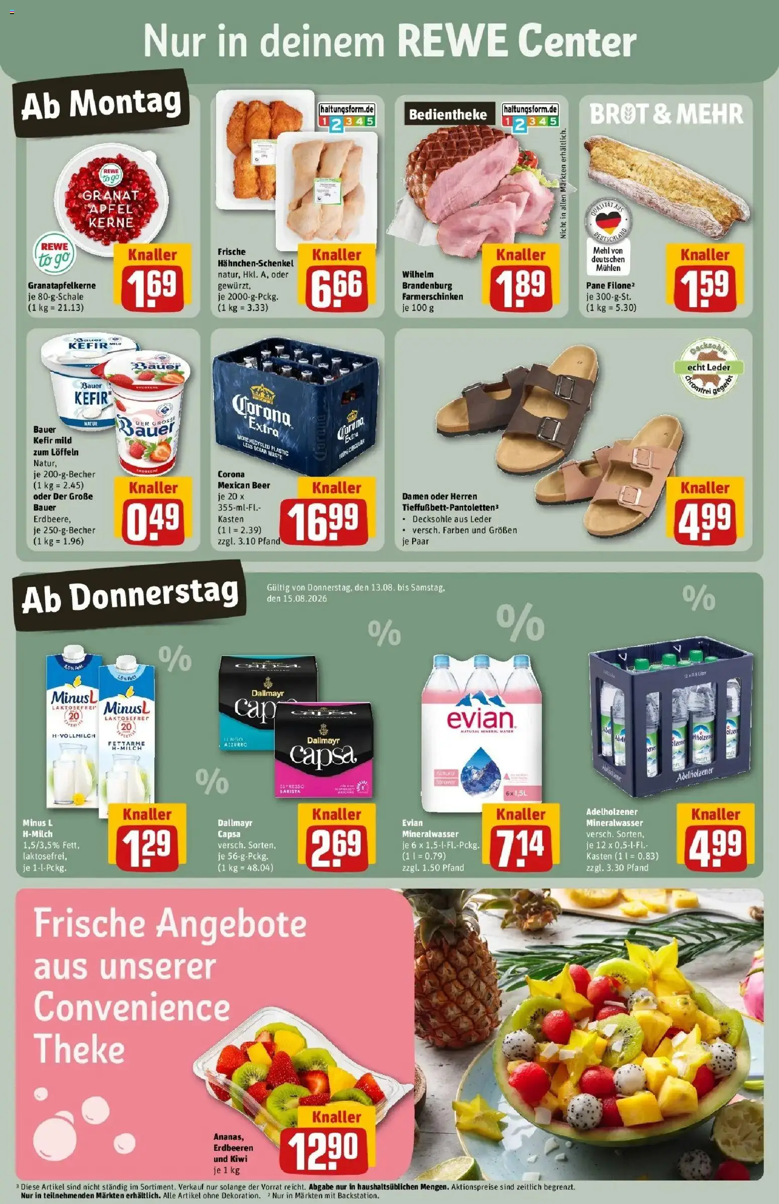 REWE Prospekt ab 10.08.2026 zum Blättern » Angebote | Seite: 3 | Produkte: Kefir, Hahnchenschenkel, Pane, Brot