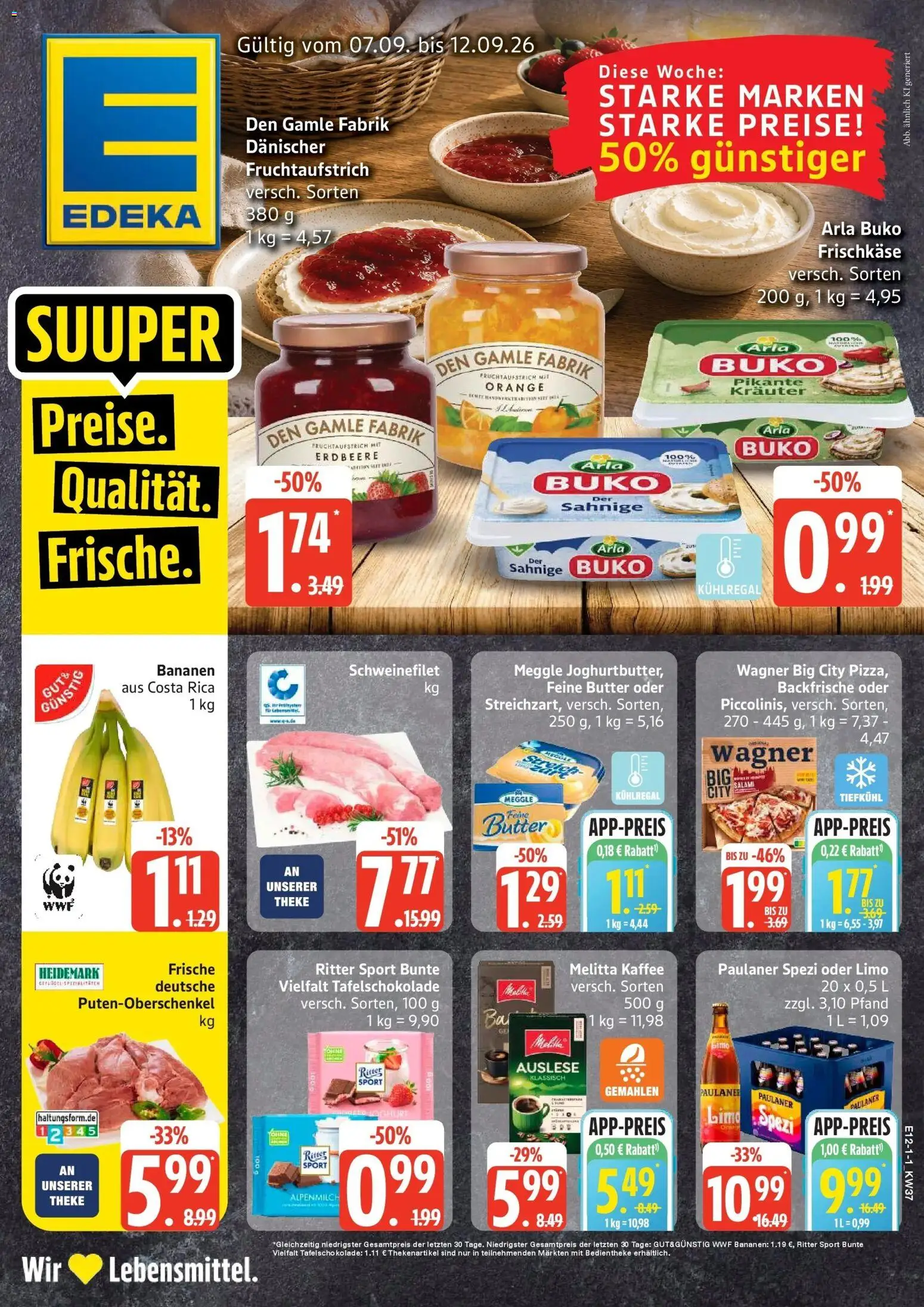 Edeka Prospekt Woldegk (ab 07.09.2026) » Angebote Online | Seite: 1 | Produkte: Melitta, Butter, Kaffee, Bananen