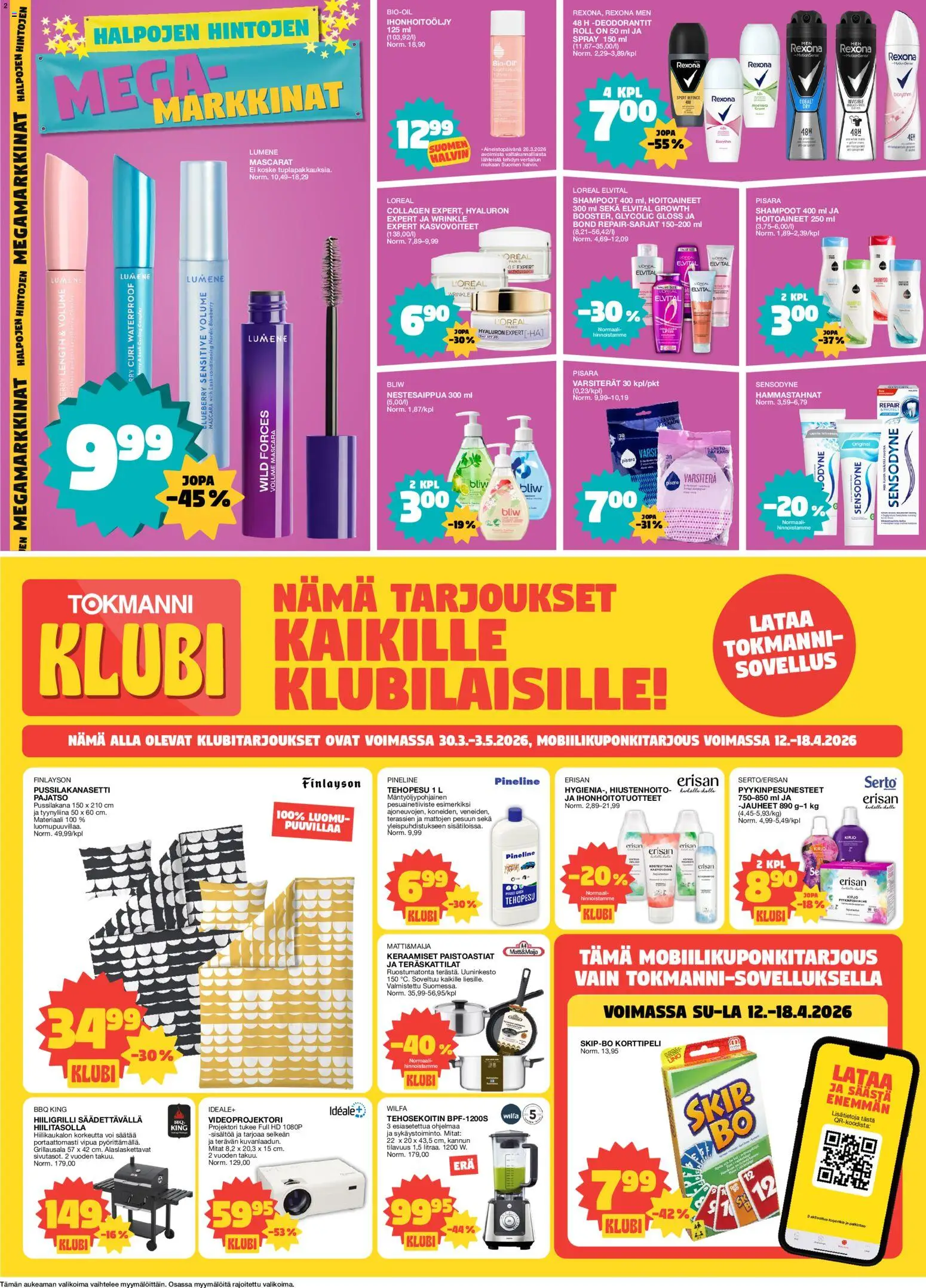 Tokmanni tarjoukset – voimassa 13.04.2026 alkaen | Sivu: 2 | Tuotteet: Shampoo, Voi, Hiiligrilli, Tyynyliina