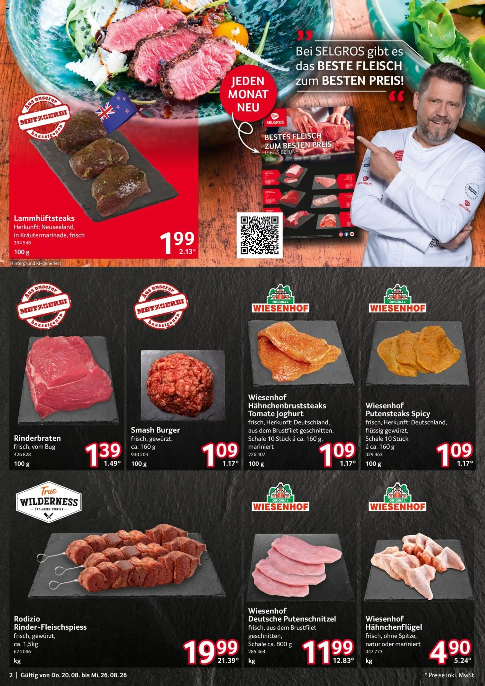 Selgros Prospekt – gültig ab 20.08.2026 | Seite: 2 | Produkte: Rinderbraten, Joghurt, Burger, Fleisch