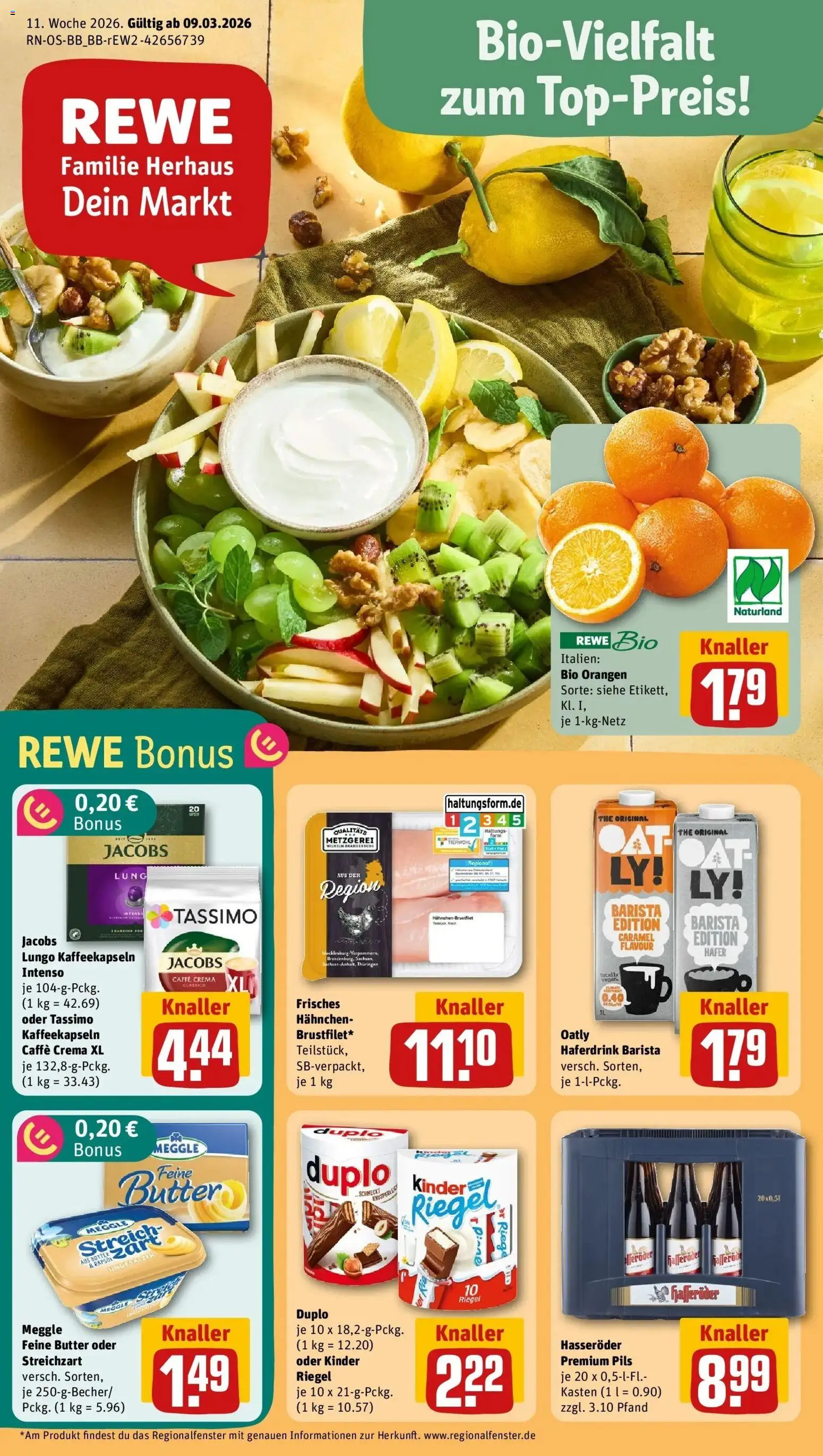 Rewe Prospekt Hohen Neuendorf Ot Bergfelde	 – gültig ab 09.03.2026 | Seite: 1 | Produkte: Butter, Orangen, Haferdrink, Hasseröder