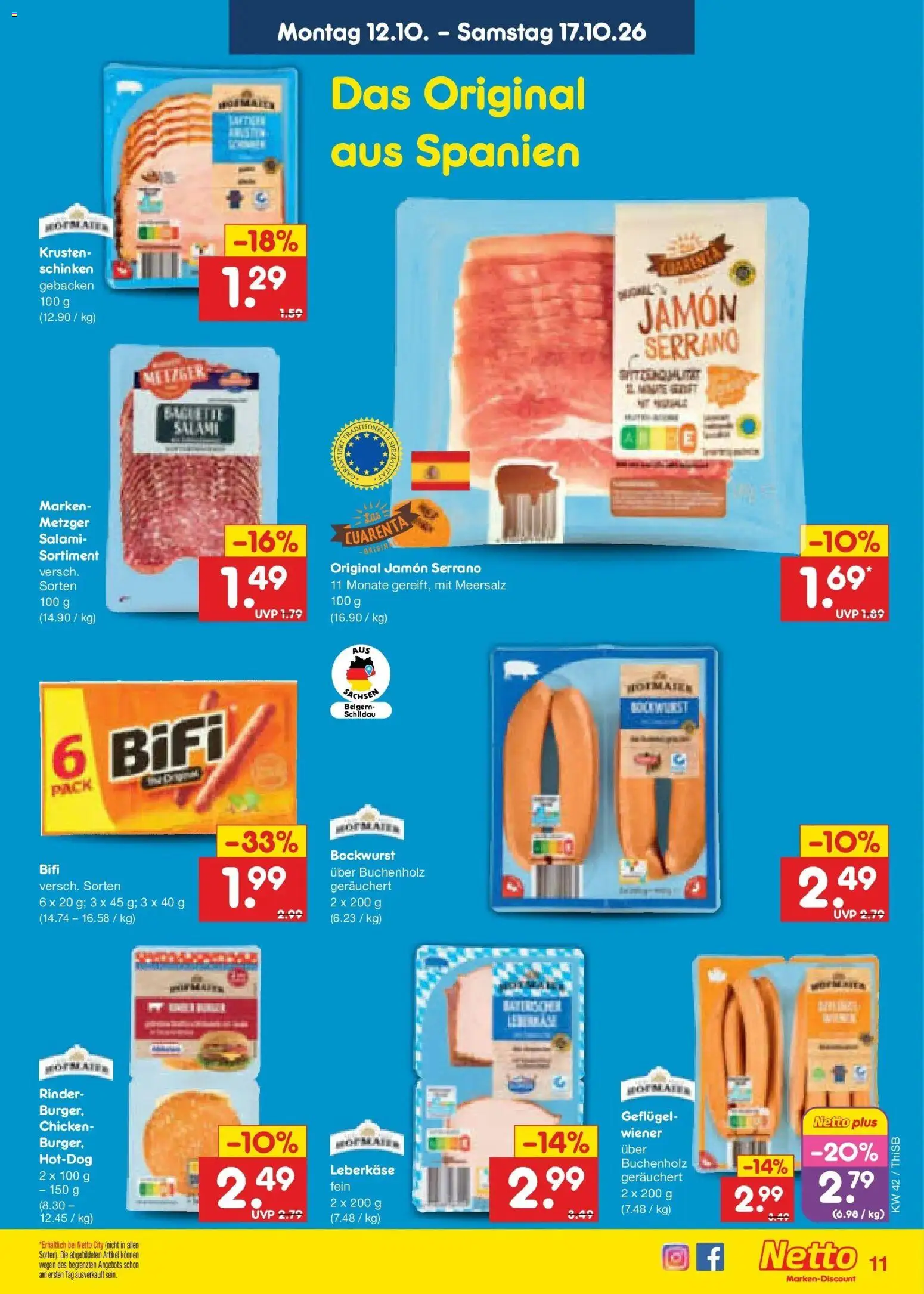 Netto Marken-Discount Prospekt Pirna – gültig ab 12.10.2026 | Seite: 13 | Produkte: Bockwurst, Bifi, Salami, Leberkase