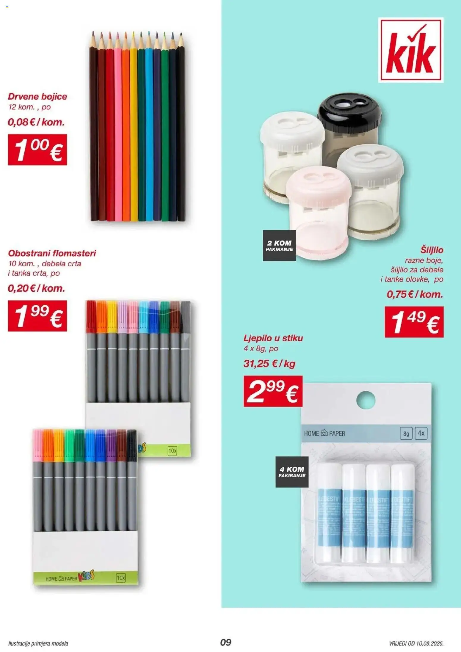 Kik - KiK katalog do 16.08.2026 | Stranica: 9 | Proizvodi: Šiljilo, Ljepilo, Drvene bojice, Flomasteri