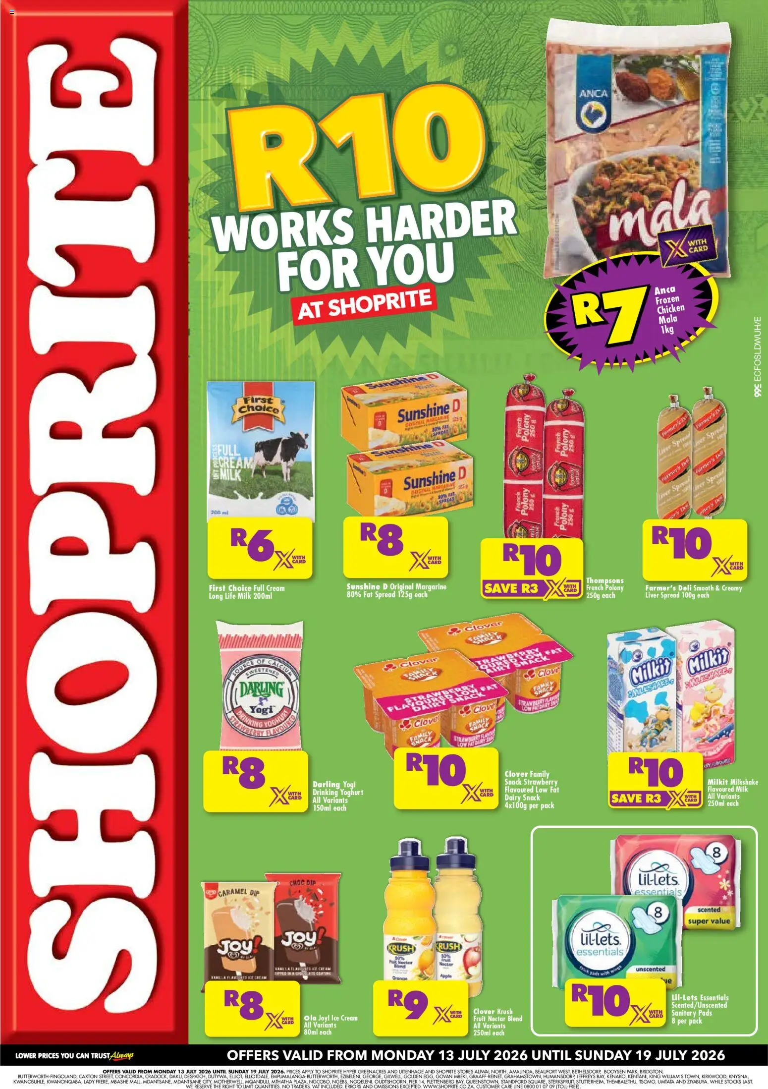 New Shoprite catalogue – valid from 13/07/2026 | Page: 1 | Products: Pads, Polony, Cream, Fat spread