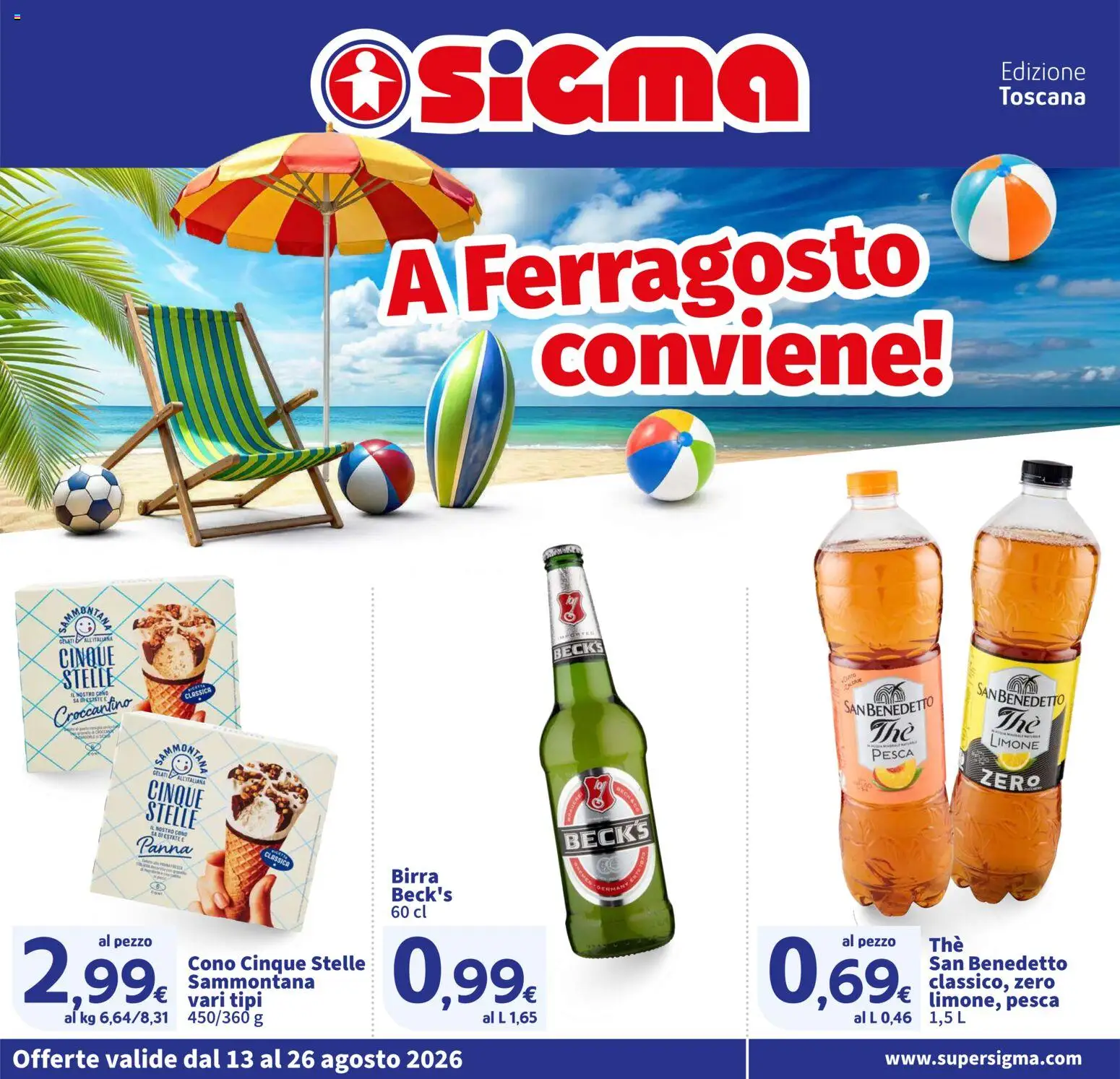 Volantino SIGMA del 13/08/2026 | Pagina: 1 | Prodotti: Birra Beck's, Birra, Panna, Pesca