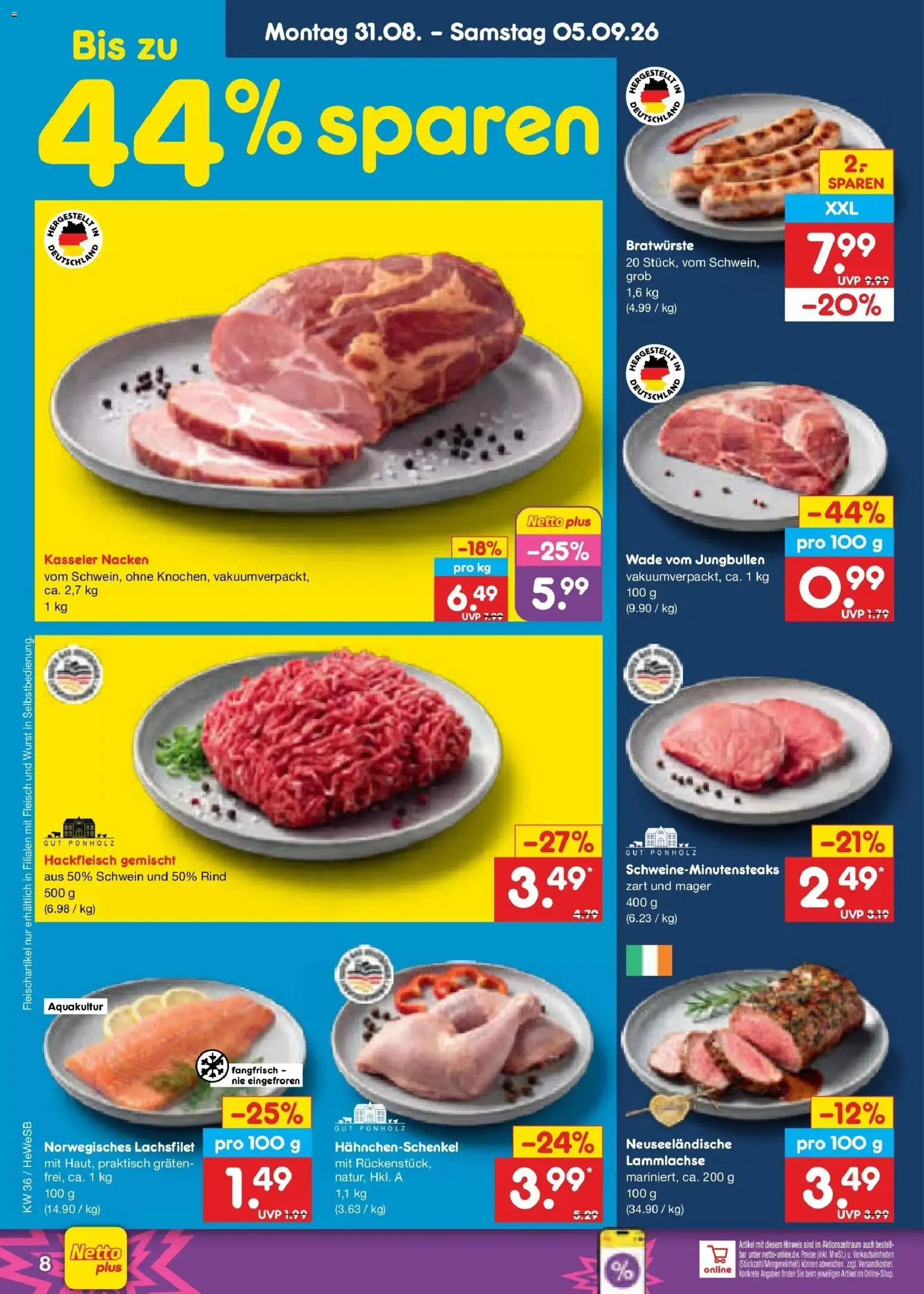 Netto Marken-Discount Prospekt Hamburg (ab 31.08.2026) » Angebote | Seite: 10 | Produkte: Hahnchenschenkel, Kasseler nacken, Wurst, Hackfleisch