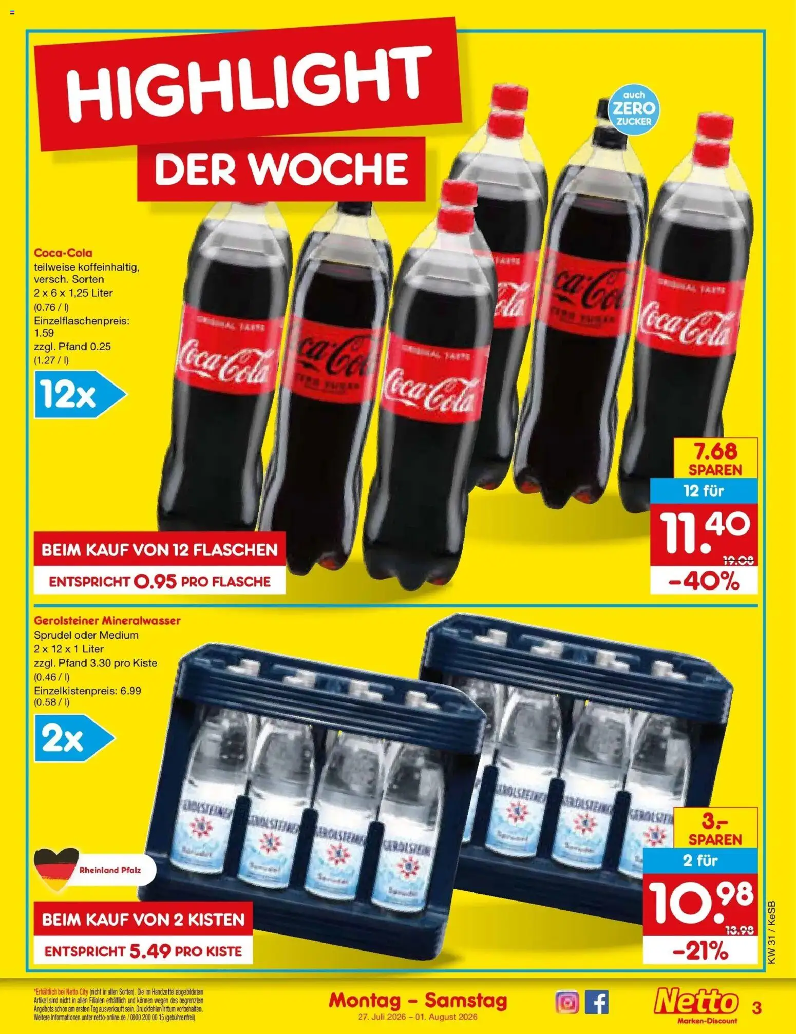 Netto Marken-Discount Prospekt Kruft – gültig ab 27.07.2026 | Seite: 3 | Produkte: Coca cola, Cola, Zucker, Gerolsteiner