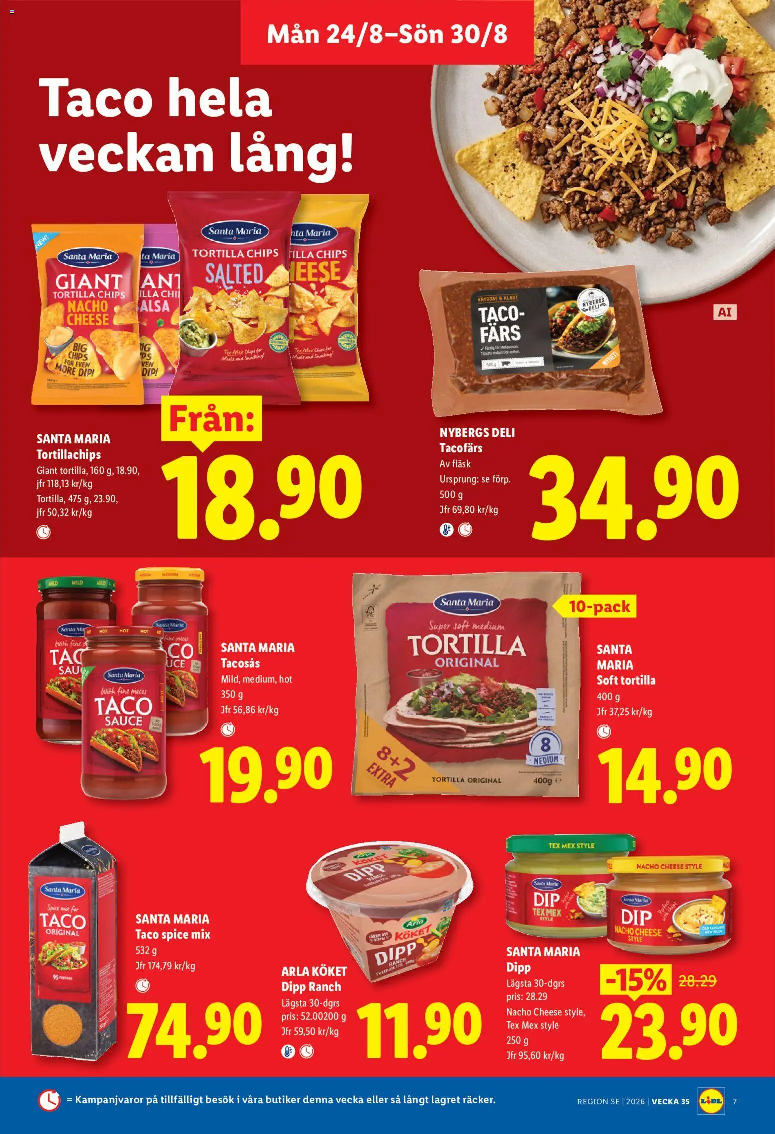 Lidl reklamblad aktuell från 24/08/2026 | Sida: 7 | Produkter: Tortilla, Tacosås, Tortillachips, Fläsk