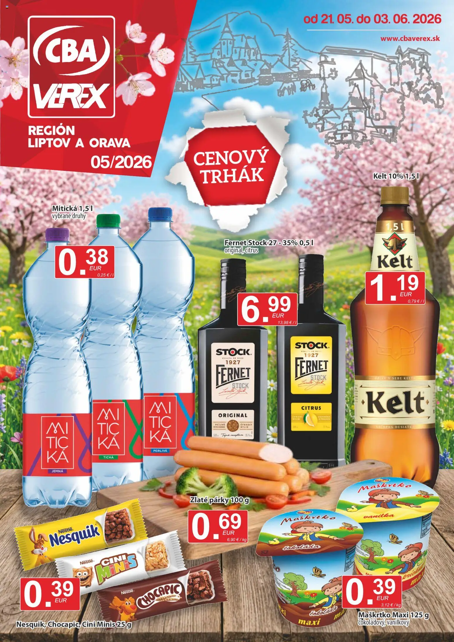 Nové CBA Verex akcie – leták je platný od 21.05.2026 | Strana: 1 | Produkty: Chocapic, Cini Minis, Fernet, Fernet Stock