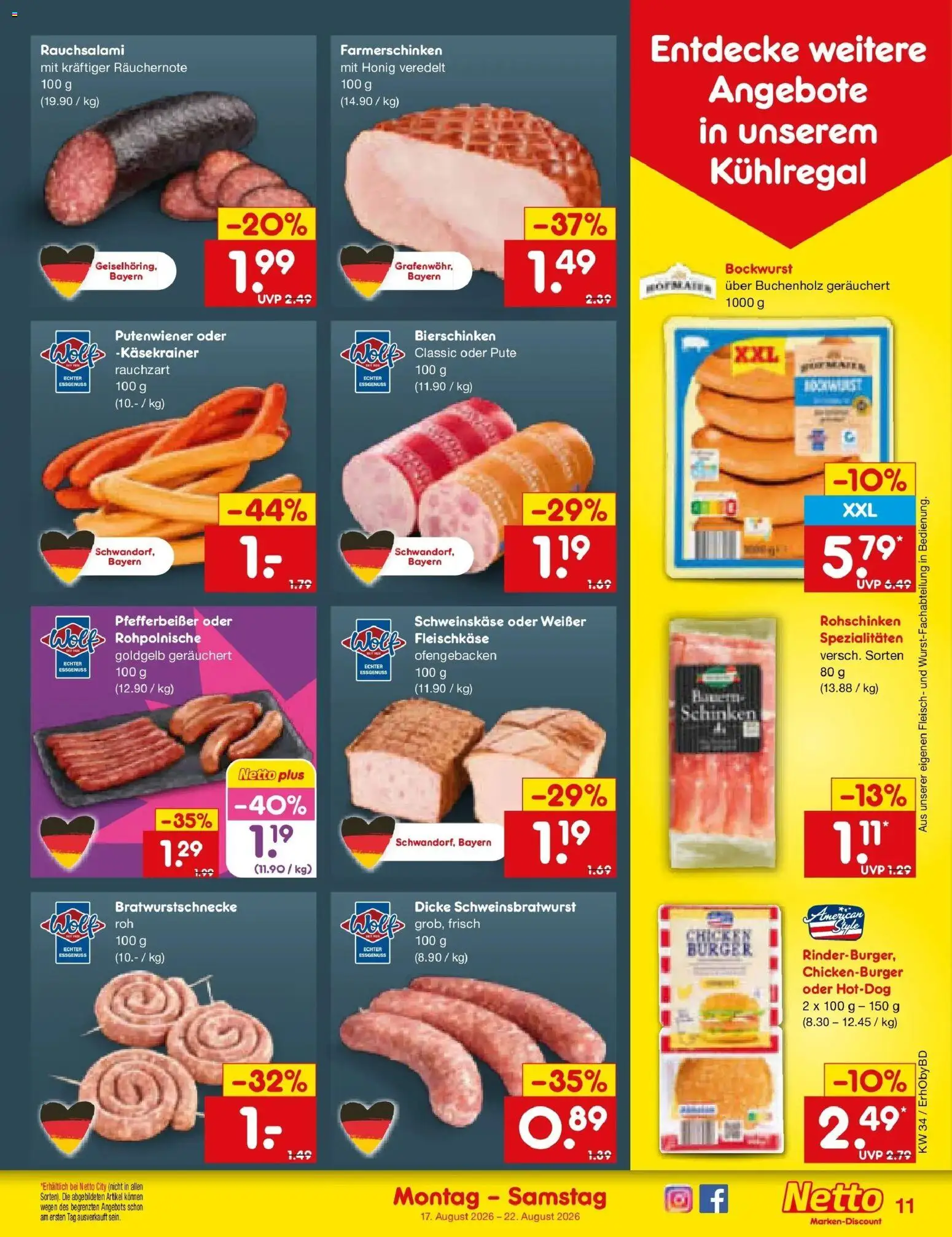 Netto Marken-Discount Prospekt Ergolding (ab 17.08.2026) » Angebote | Seite: 13 | Produkte: Bockwurst, Pute, Spezialitäten, Fleisch