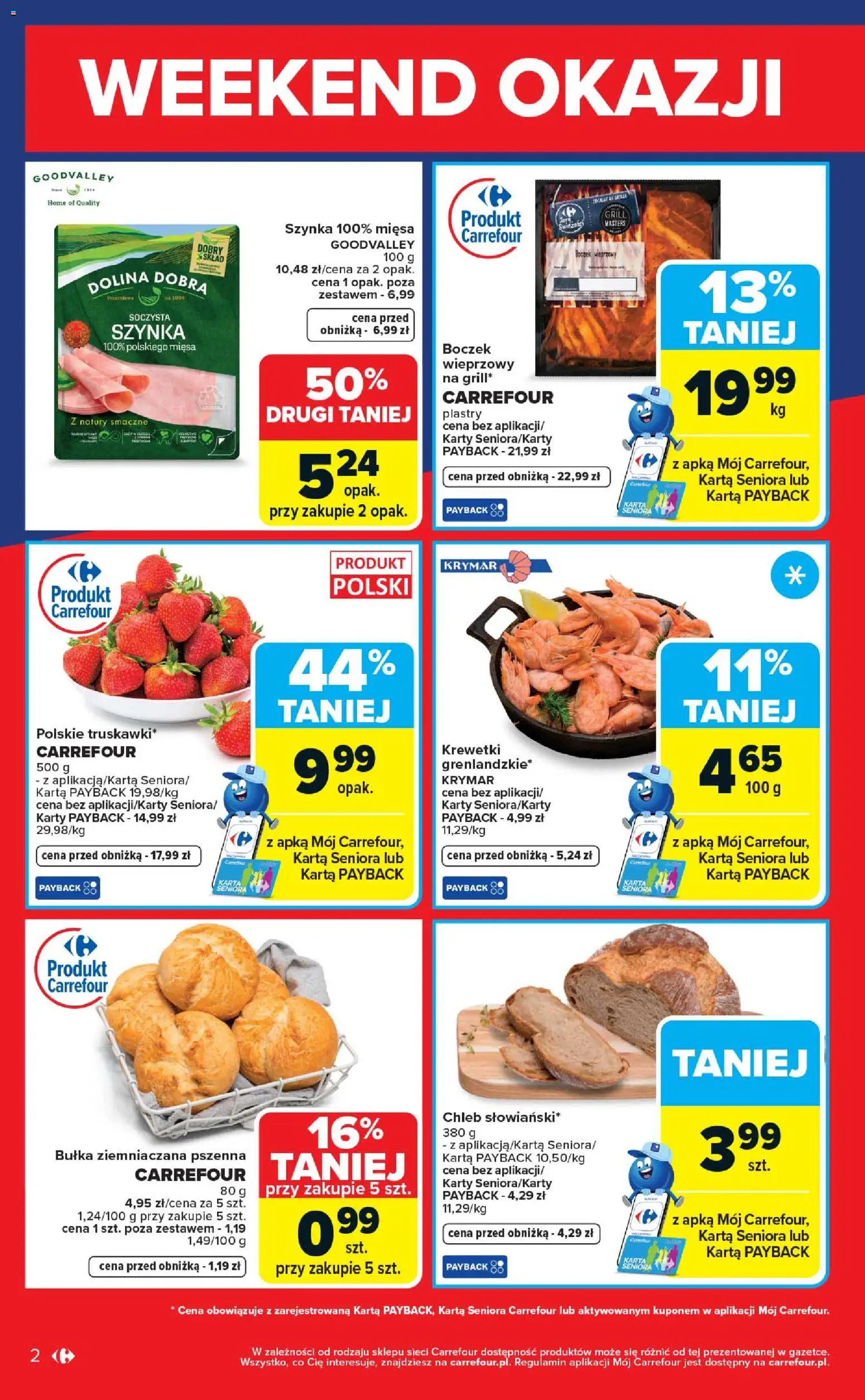 Carrefour gazetka - Weekend okazji od 14.05.2026 | Strona: 2 | Produkty: Boczek wieprzowy, Szynka, Bułka, Chleb