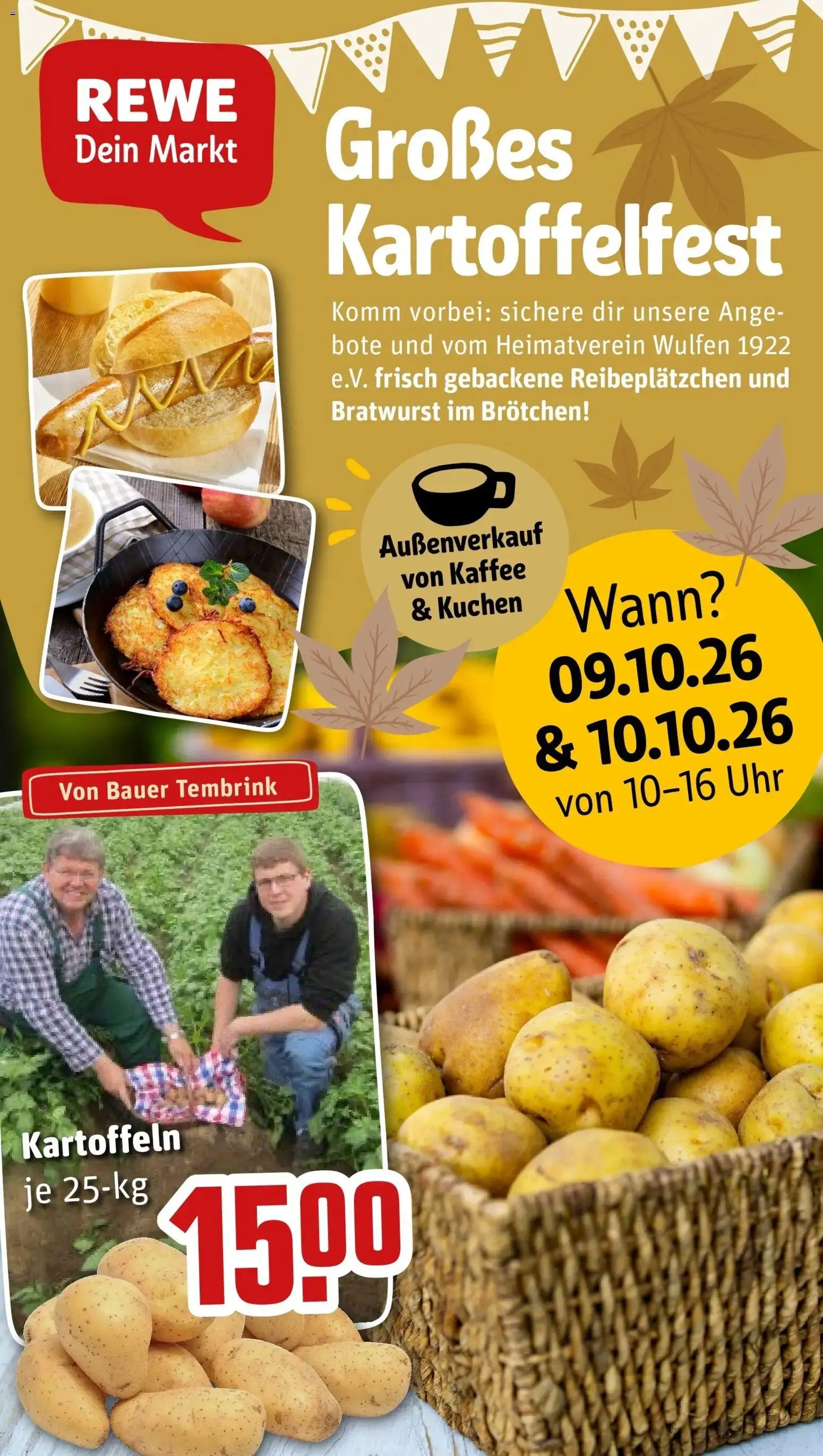 REWE Prospekt ab 05.10.2026 zum Blättern » Angebote | Seite: 1 | Produkte: Bratwurst, Kartoffeln, Kuchen, Uhr