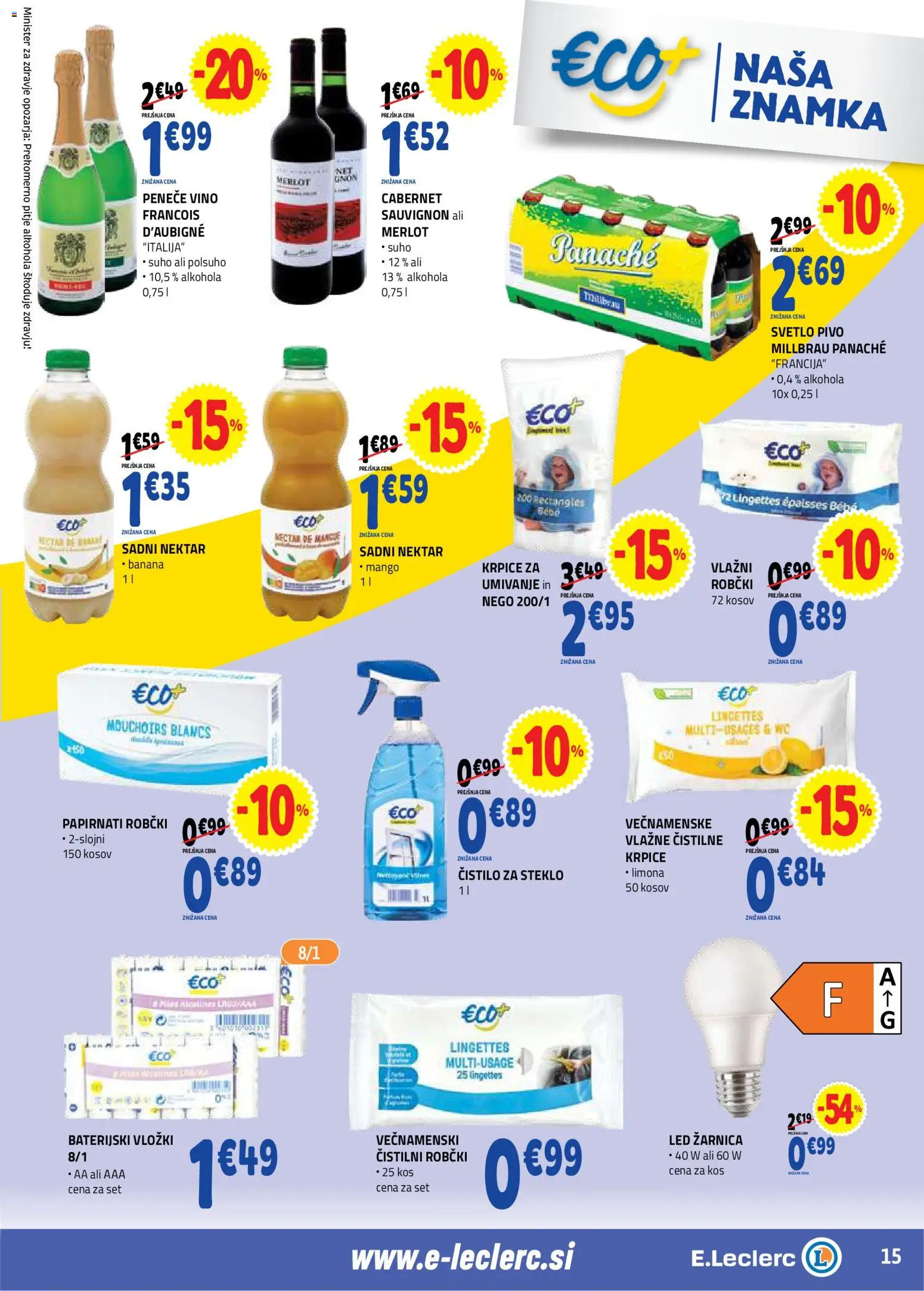 Novi E.leclerc katalog ponudbe – veljaven od 22.07.2026 | Stran: 15 | Izdelki: Čistilo za steklo, Vložki, Robčki, Kos
