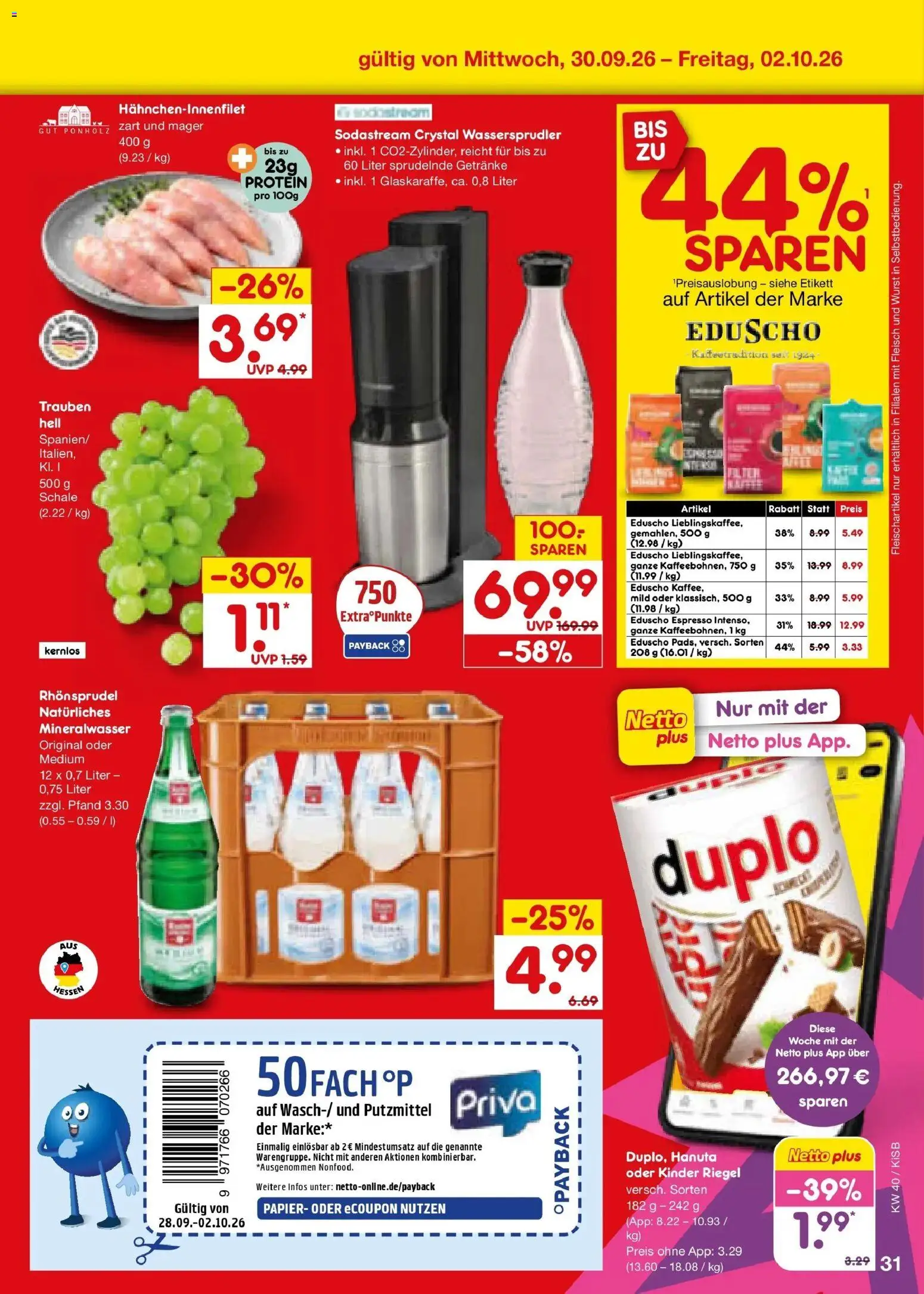 Netto Marken-Discount Prospekt Bad Friedrichshall – gültig ab 28.09.2026 | Seite: 49 | Produkte: Kinder riegel, Wurst, Rhonsprudel, Fleisch