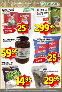 Matvärlden erbjudanden - Förhandsvisning av reklamblad från butik Matvärlden aktuell från 21/09/2026 | Sida: 4 | Produkter: Oliver, Tomatpure, Tilapia, Puré