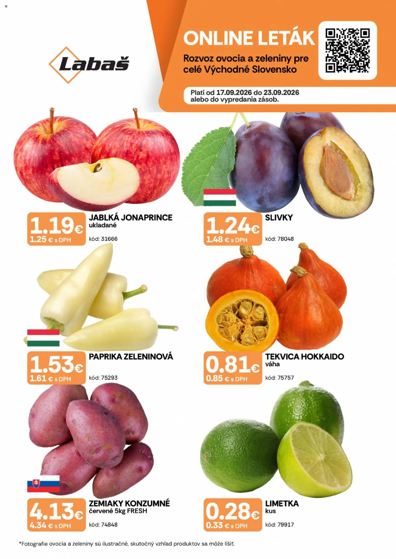 Nové Labaš akcie – leták je platný od 24.09.2026 | Strana: 1 | Produkty: Paprika, Tekvica Hokkaido, Slivky, Váha