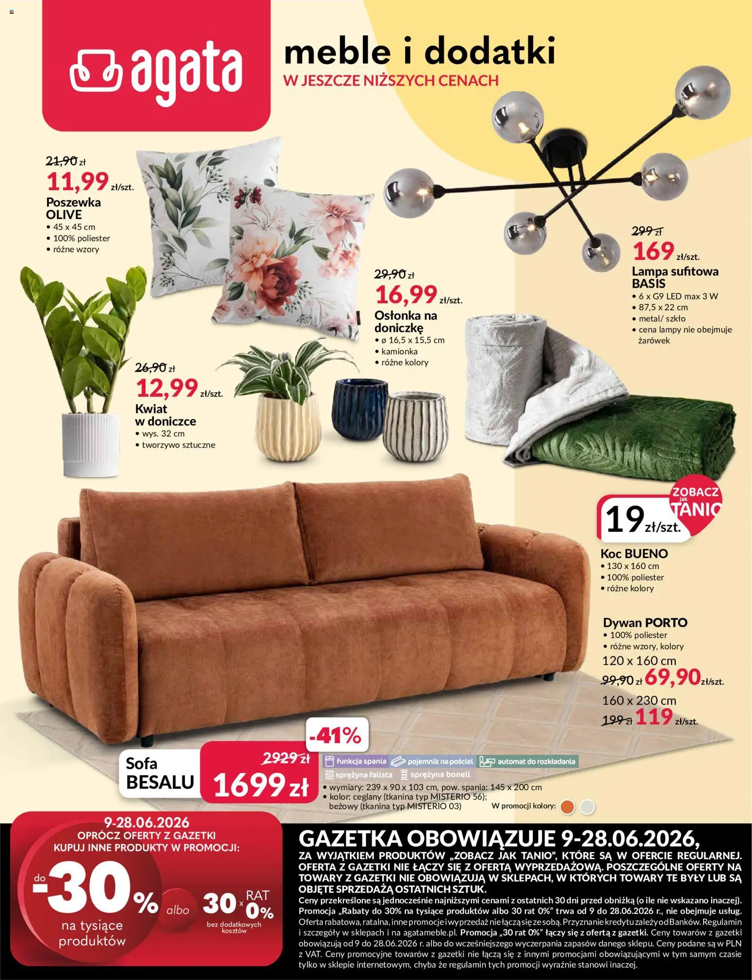 Salony Agata gazetka od 09.06.2026 | Strona: 1 | Produkty: Koc, Sofa, Dywan, Lampa