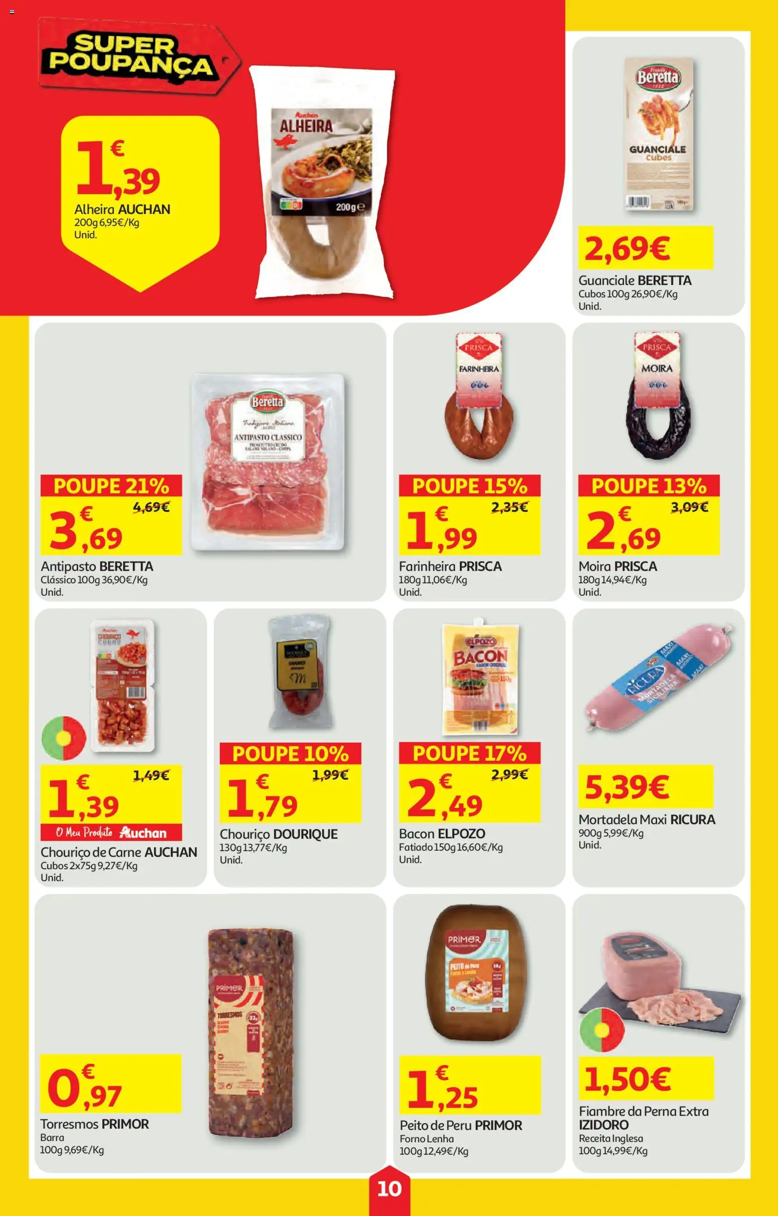 Auchan folheto │ válido de 09/07/2026 | Página: 10 | Produtos: Mortadela, Bacon, Primer, Alheira