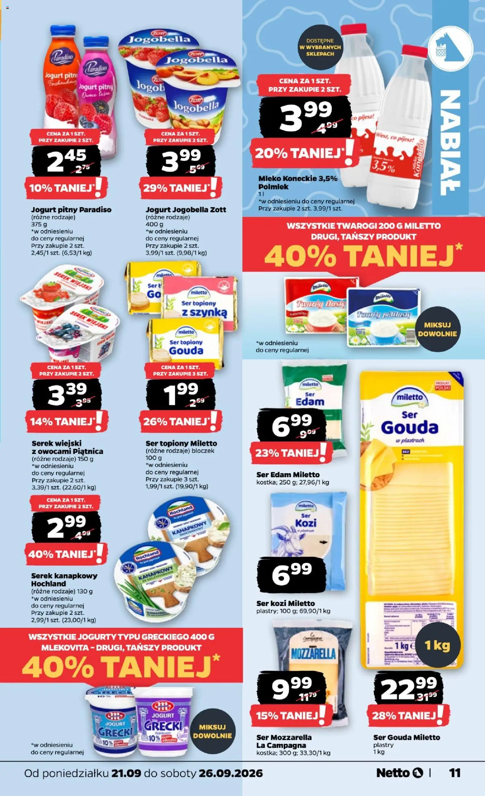 Netto gazetka od poniedziałku od 21.09.2026 | Strona: 11 | Produkty: Ser topiony, Serek, Jogurt pitny, Ser