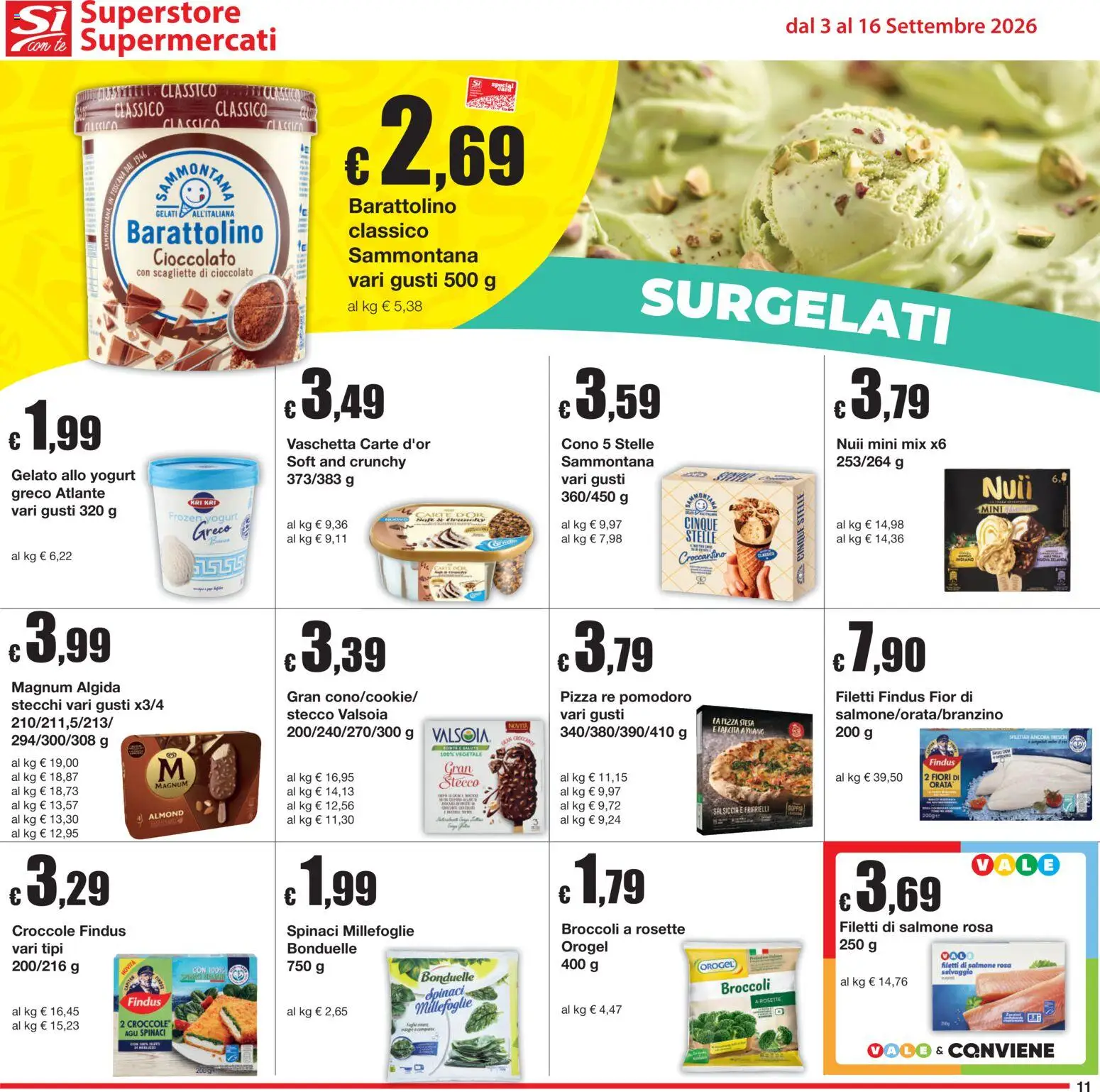 Volantino Sì con Te del 03/09/2026 | Pagina: 11 | Prodotti: Pizza, Magnum, Salsiccia, Spinaci