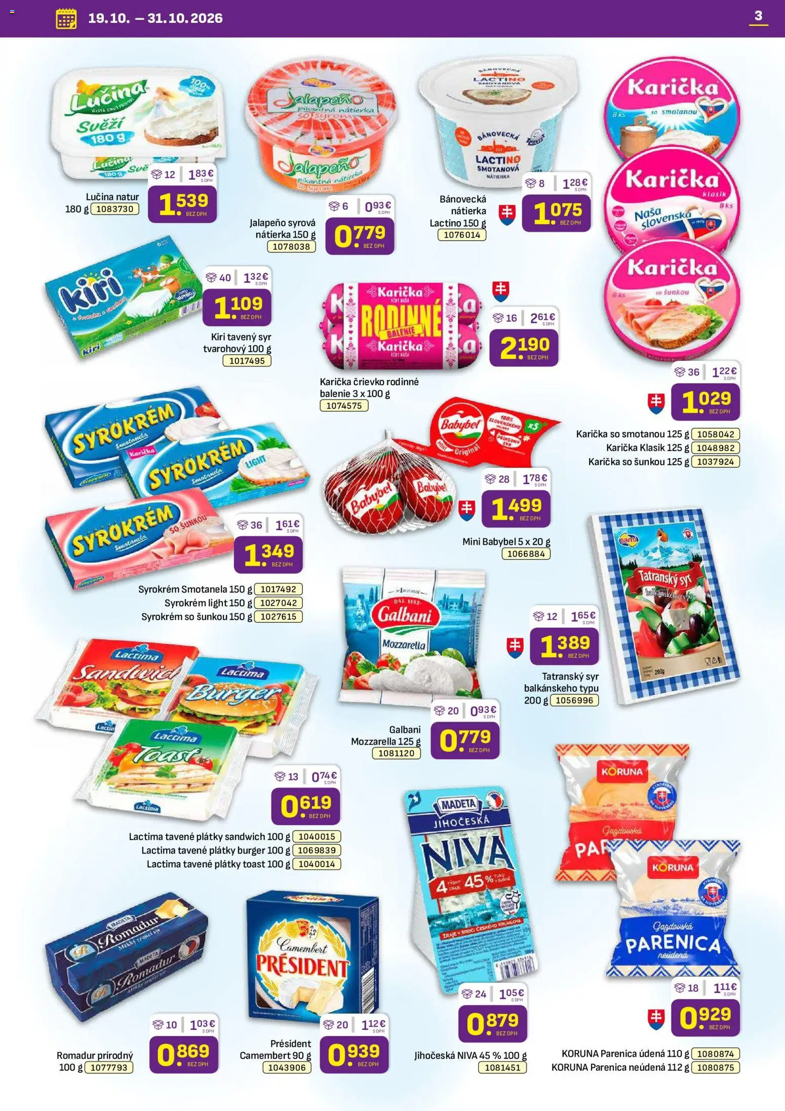Nové Libex akcie – leták je platný od 19.10.2026 | Strana: 3 | Produkty: Syr, Nátierka, Tavený syr, Kaša