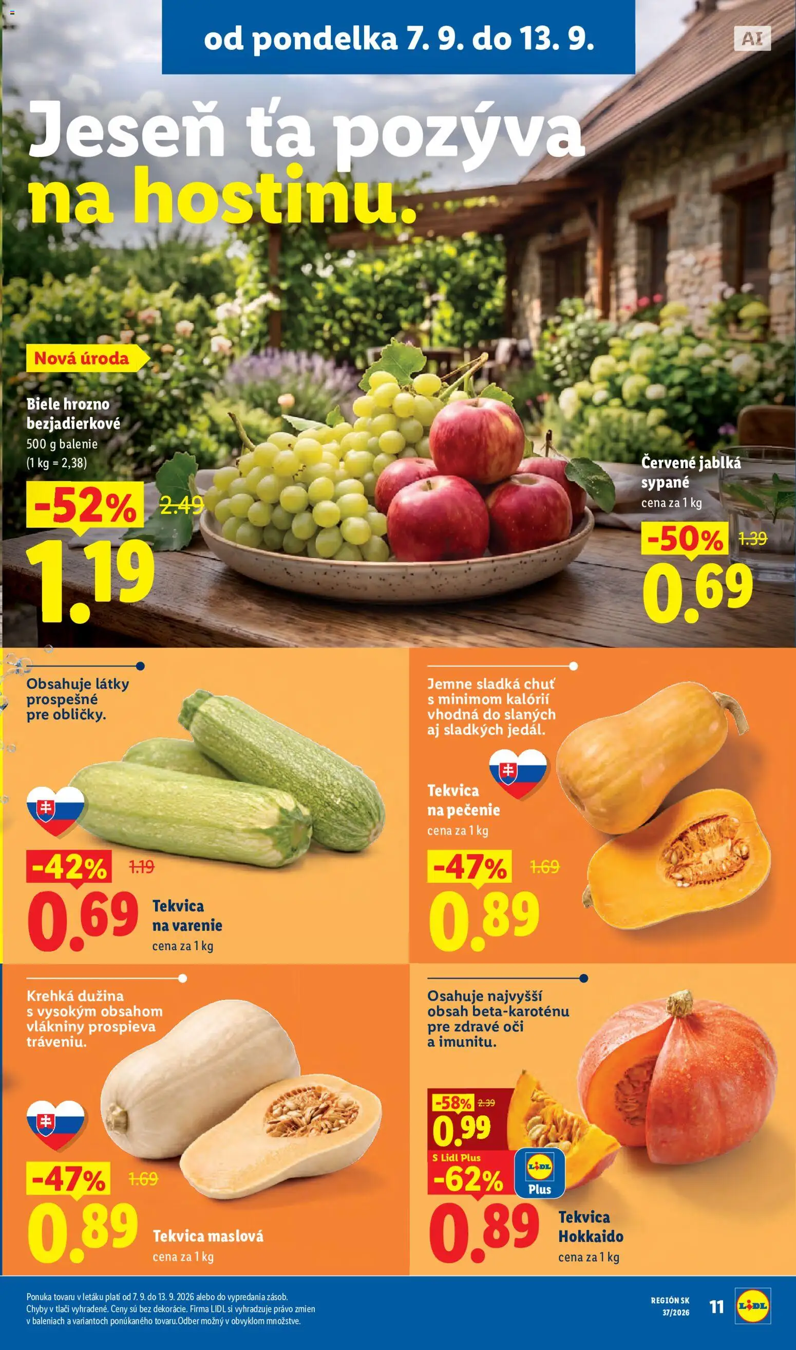 Nové Lidl akcie – leták je platný od 07.09.2026 | Strana: 13 | Produkty: Tekvica Hokkaido, Jablká, Hrozno, Tekvica