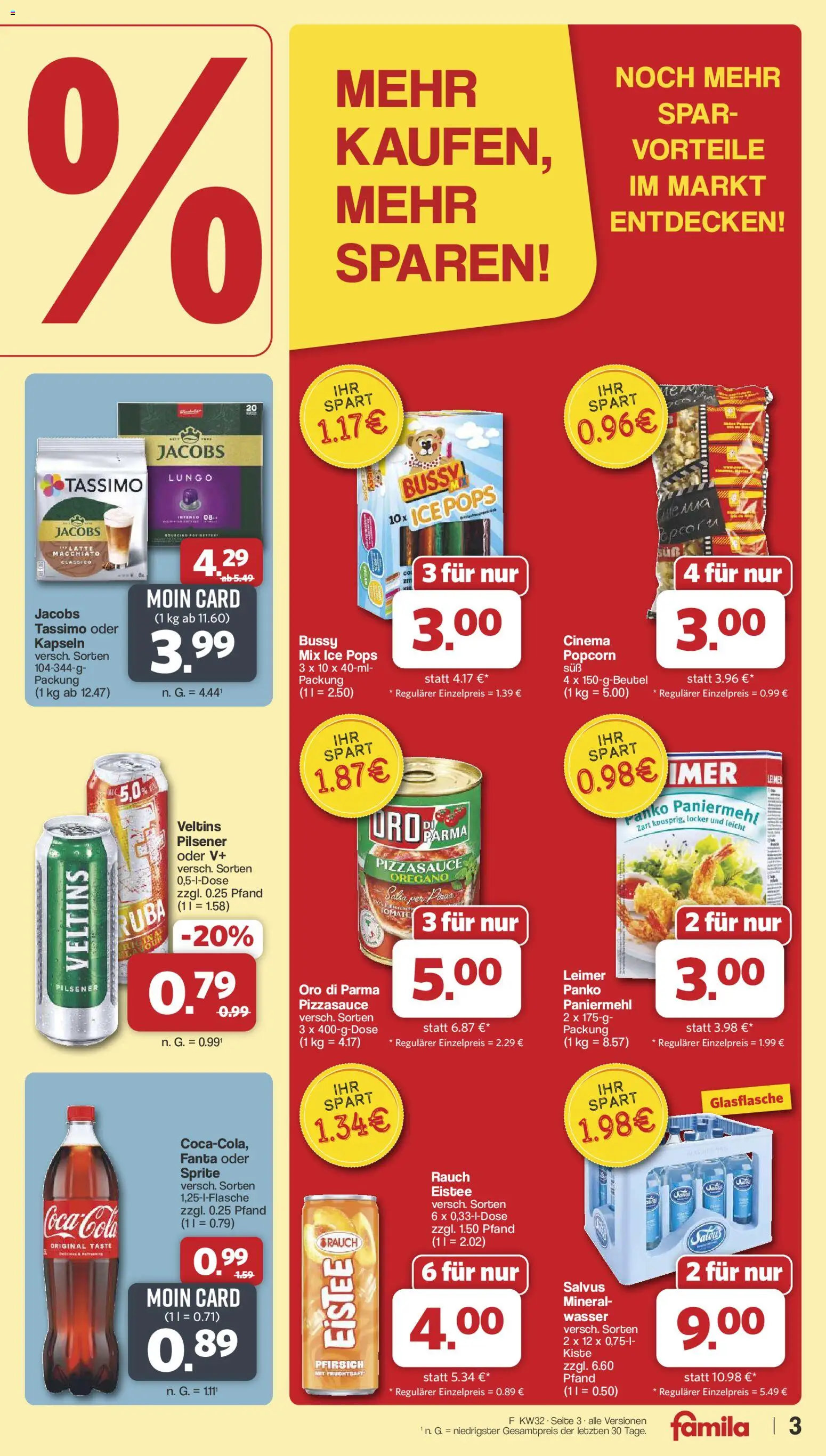 Famila Nordwest Prospekt – gültig ab 03.08.2026 | Seite: 3 | Produkte: Wasser, Pfirsich, Fruchtsaft, Tassimo