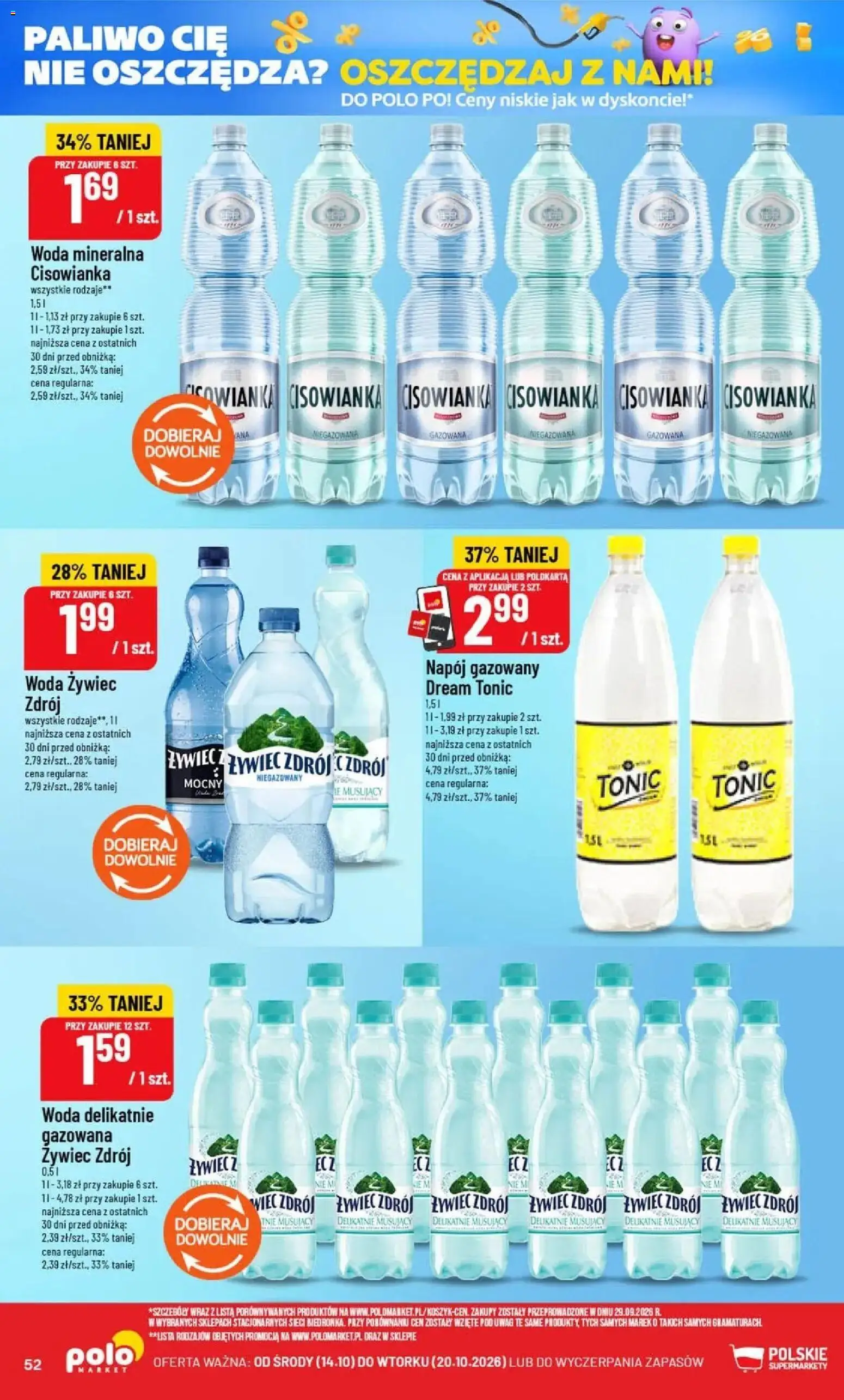 Nowa POLOmarket gazetka od jutra 14.10.2026 | Strona: 52 | Produkty: Woda żywiec, Cisowianka, Tonic, Woda