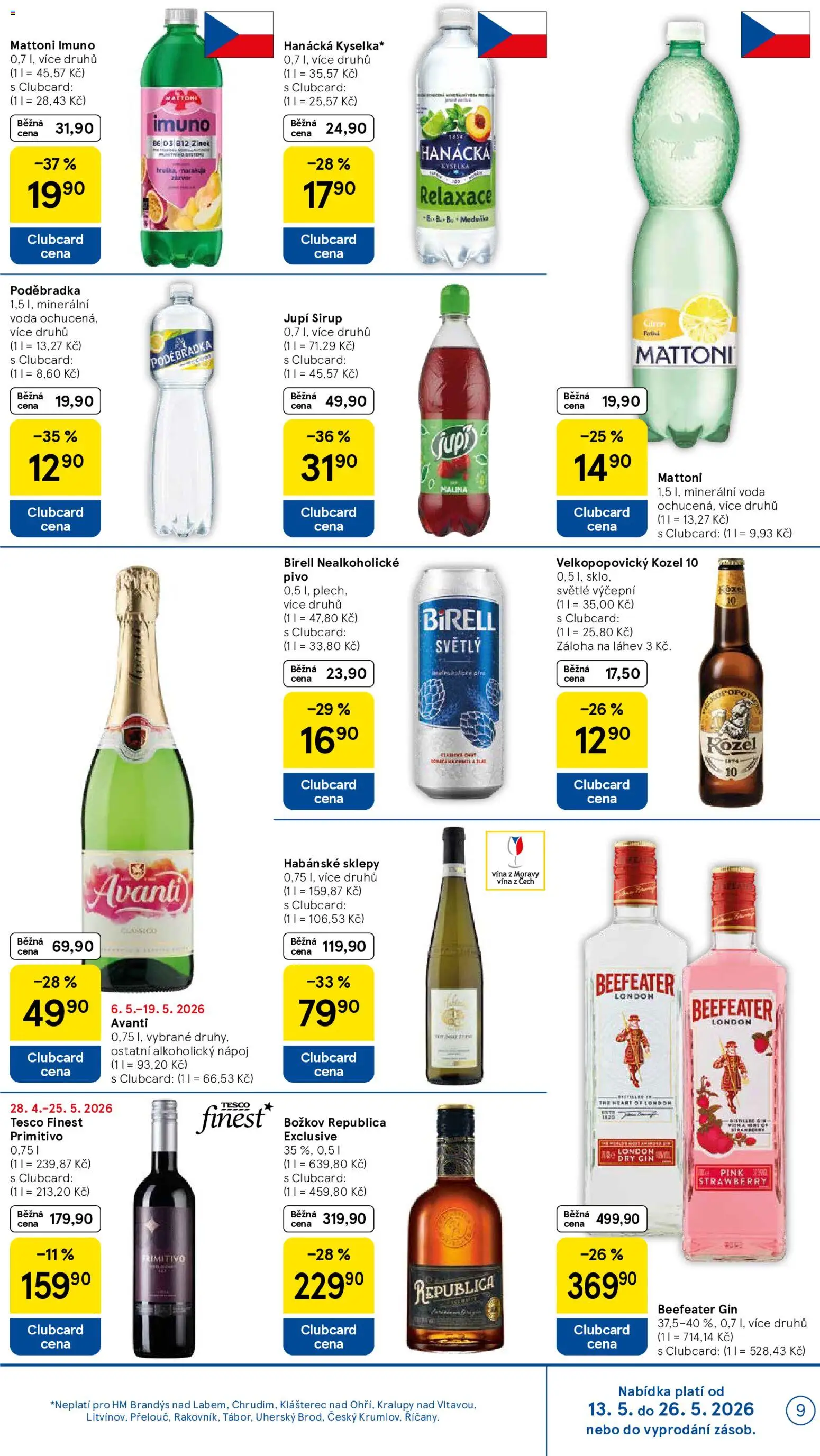 Tesco leták - Hypermarket od 13.05.2026 | Strana: 9 | Produkty: Birell, Kozel 10, Božkov, Minerální voda