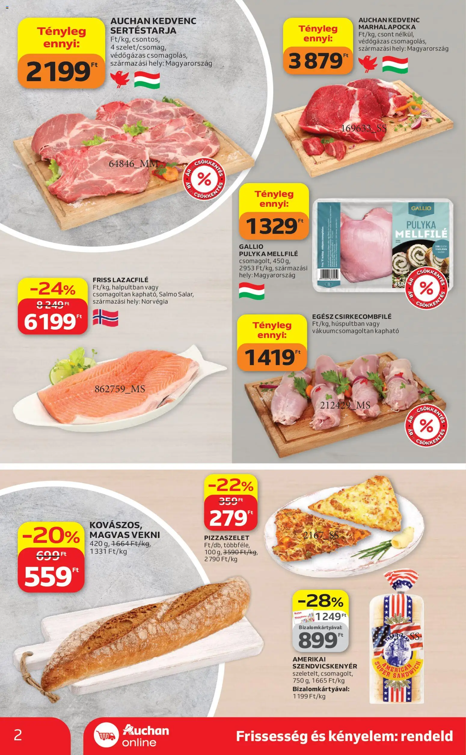 Auchan akciós ujság - amely érvényes a következő dátumtól: 16.04.2026 | Oldal: 2 | Termékek: Sertéstarja, Lazacfilé, Csirkecombfile, Szendvicskenyér