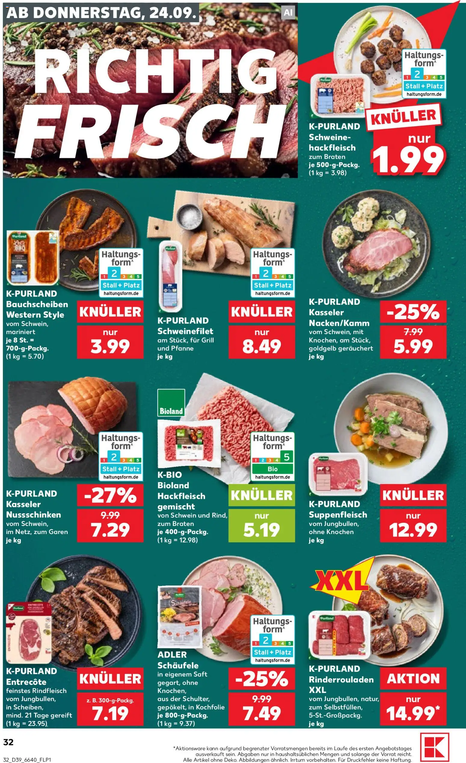 Kaufland Prospekt – gültig ab 24.09.2026 | Seite: 32 | Produkte: Rinderrouladen, Schweinefilet, Rindfleisch, Hackfleisch