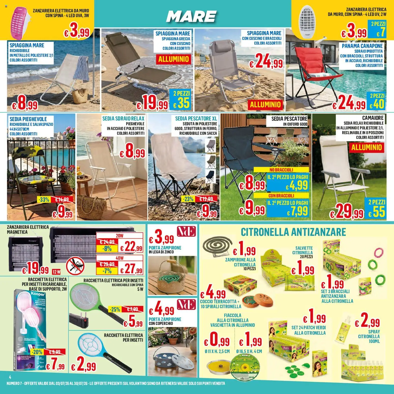 Volantino Satur del 03/07/2026 | Pagina: 4 | Prodotti: Sedia sdraio, Antizanzare, Citronella, Cuscino