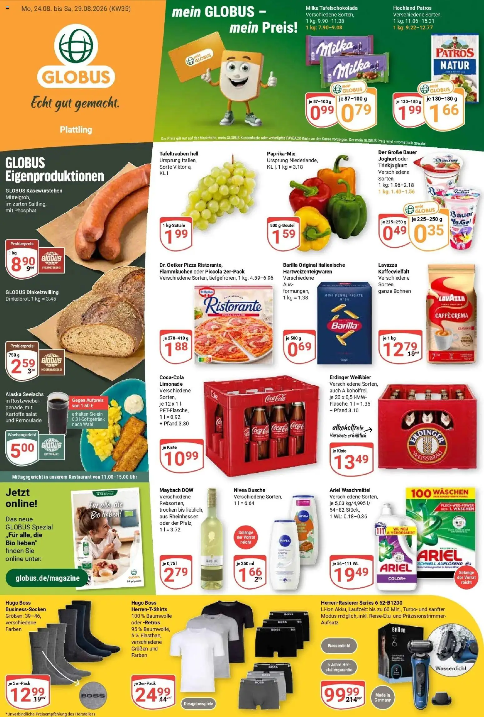 Globus Prospekt Plattling (ab 24.08.2026) » Angebote online | Seite: 3 | Produkte: Barilla, Limonade, Milka, Hugo