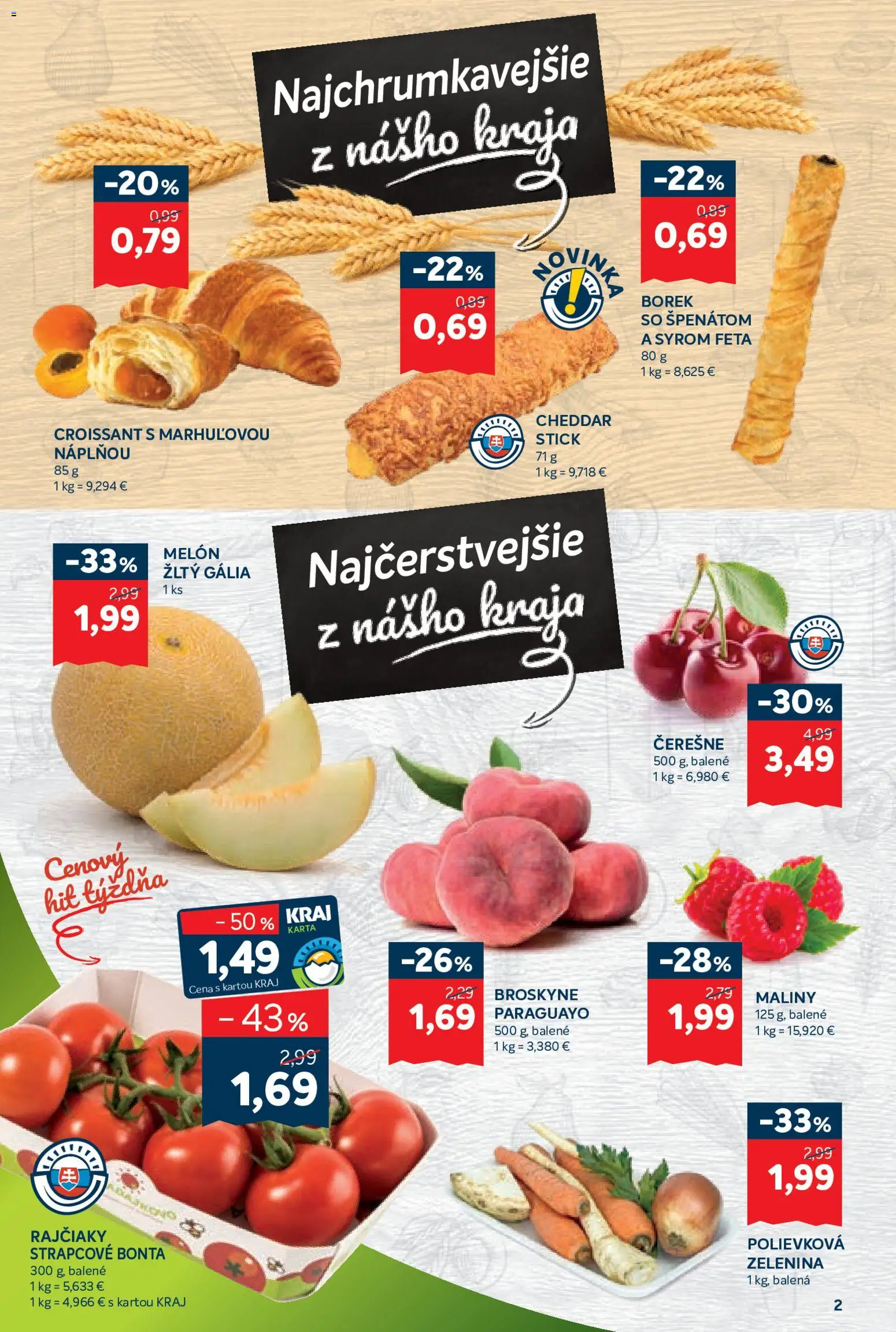 Nové Kraj akcie – leták je platný od 09.07.2026 | Strana: 2 | Produkty: Croissant, Feta, Broskyne, Maliny