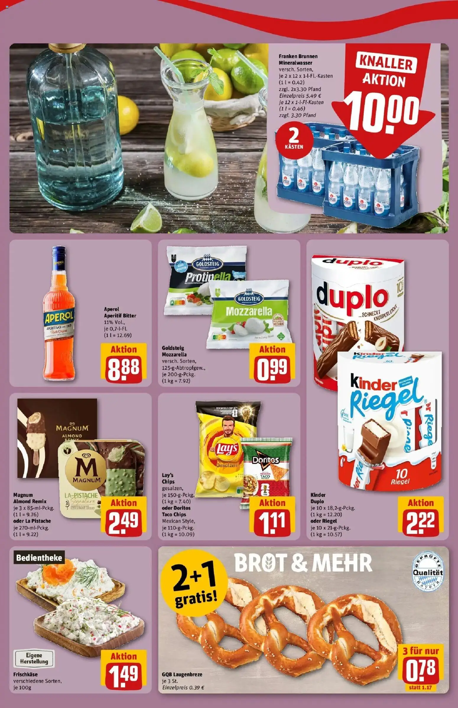 REWE Prospekt ab 10.08.2026 zum Blättern » Angebote | Seite: 2 | Produkte: Kinder riegel, Mineralwasser, Aperol, Frischkase