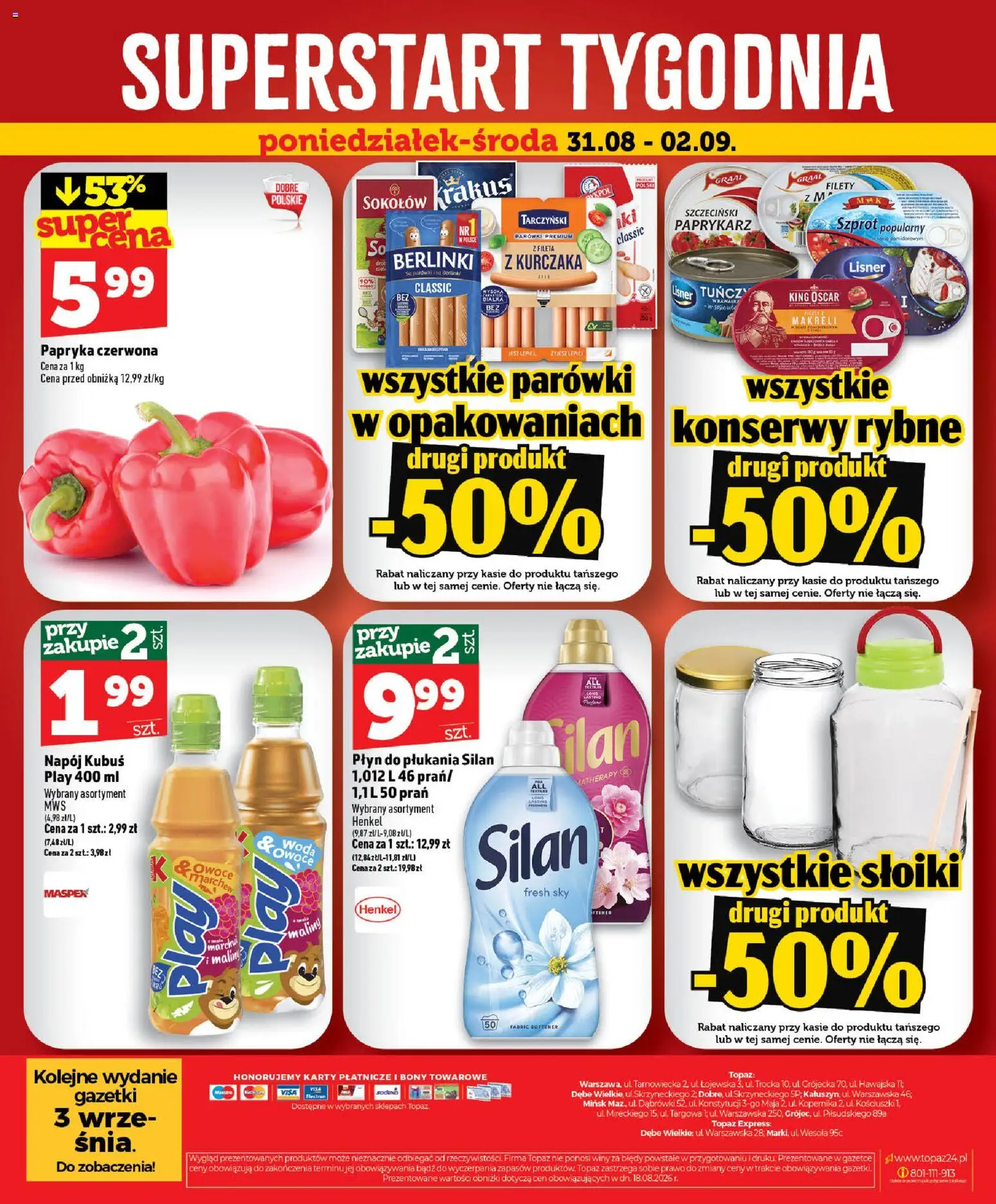 Topaz gazetka - MAZ od 27.08.2026 | Strona: 44 | Produkty: Kubuś, Papryka czerwona, Berlinki, Owoce