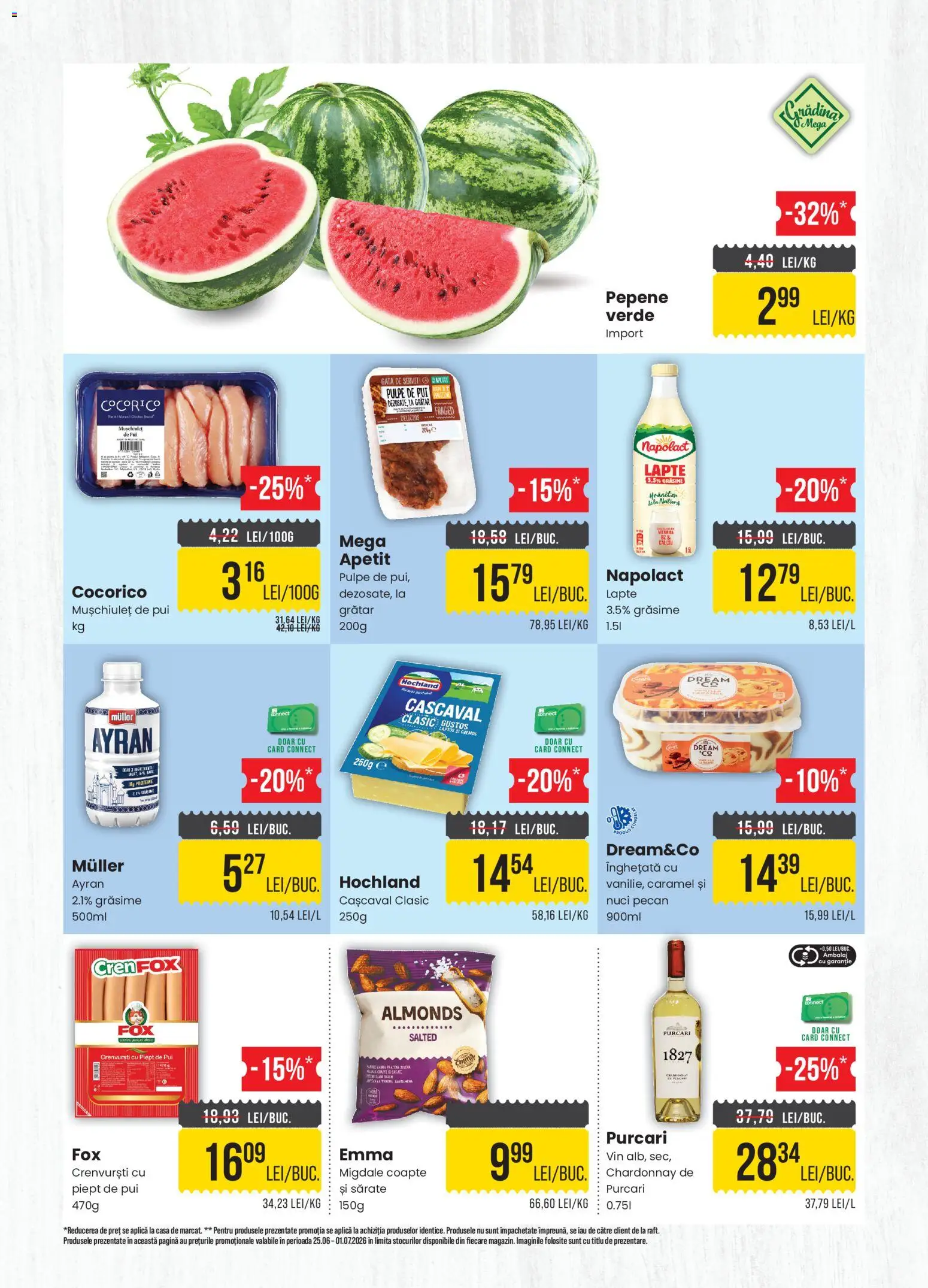 Noul catalog Mega Image – valabil de la 25.06.2026 | Pagină: 2 | Produse: Hacıyatmaz Kedi Oyuncağı, Cașcaval, Crenvurști, Vin